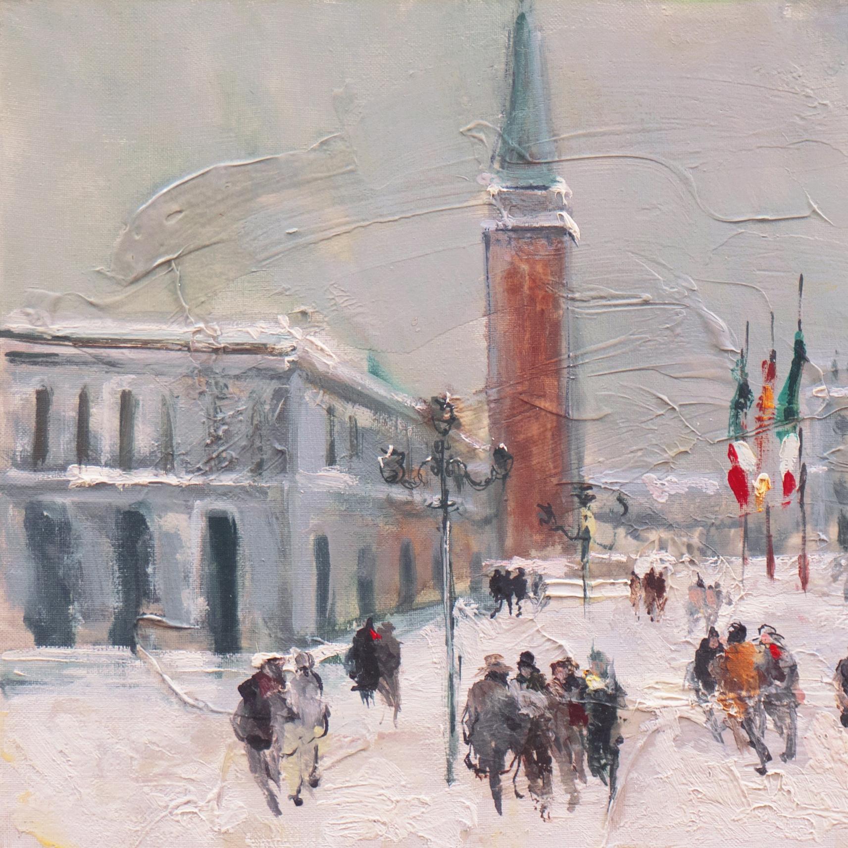 'Evening, Snow on the Piazza San Marco, Venice', Venetian Vedute - Post-Impressionist Painting by  Philippe Monteagudo 