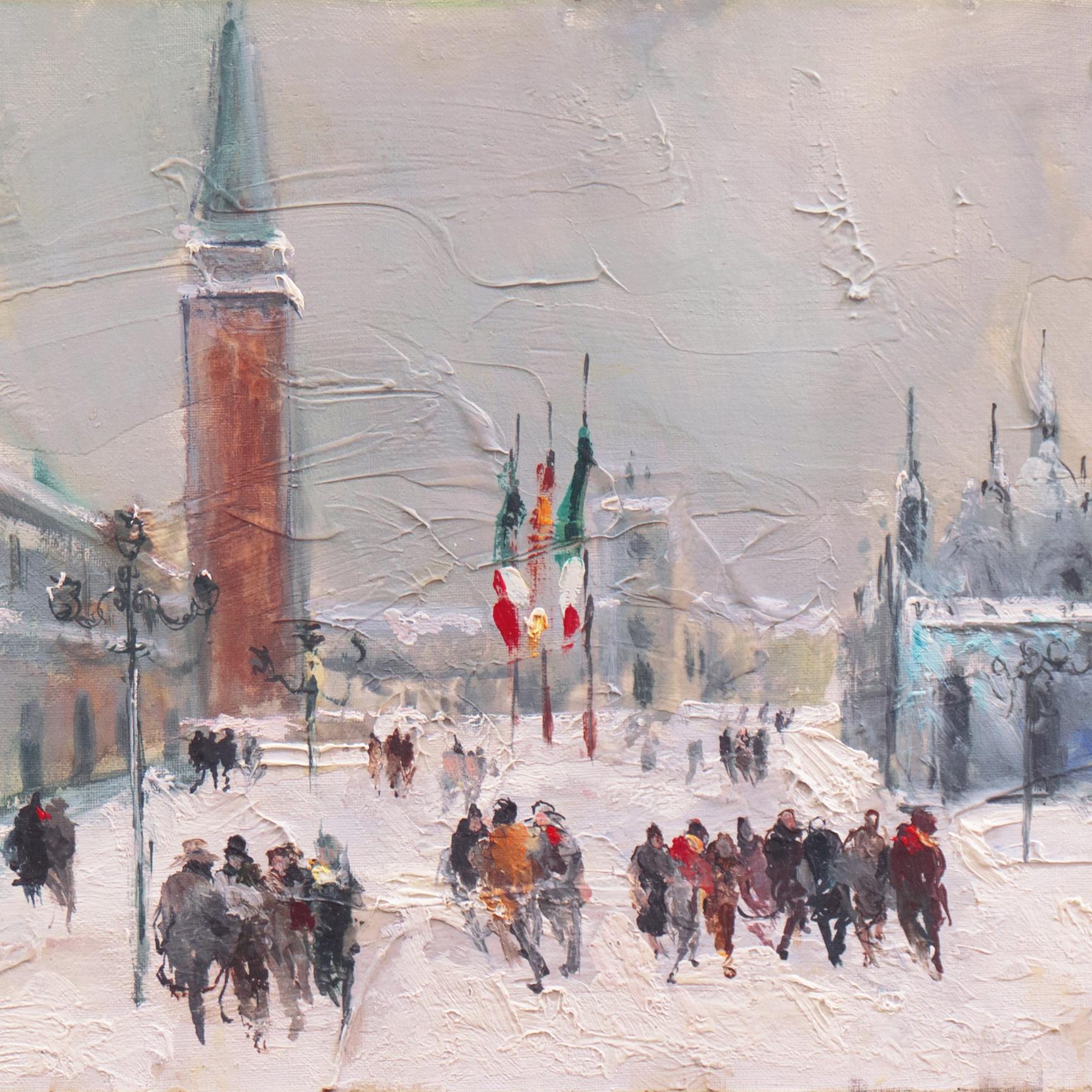 Signed lower right, 'Monteagudo' for Philippe Monteagudo (French, 1936-2016) and dated 1968.

A panoramic winter view of St. Marks Square in Venice with numerous pedestrians gathered on the quay.


 