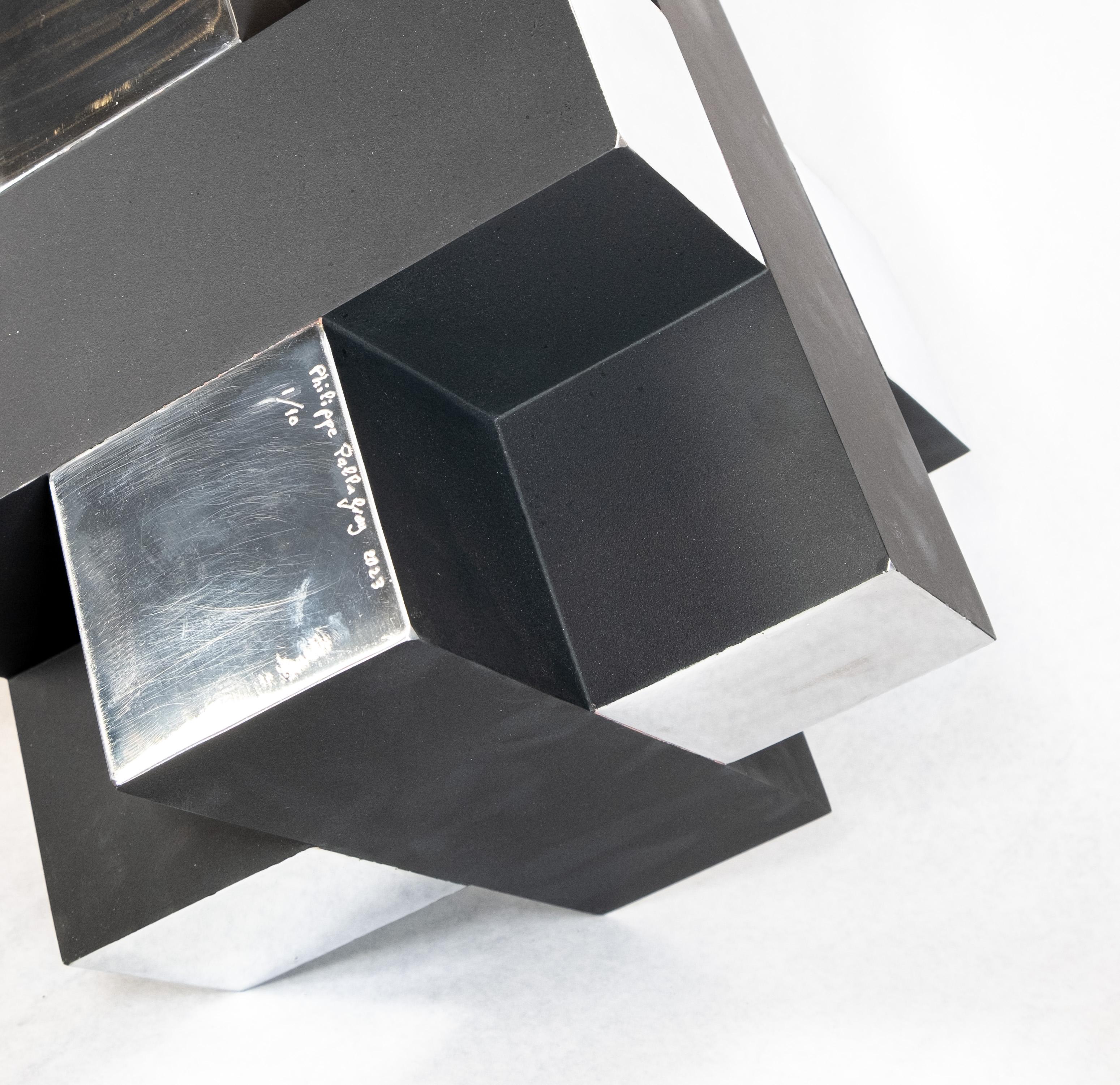 12 Inch Cube Black 1/10 - modern, intersecting geometric, aluminum sculpture For Sale 1