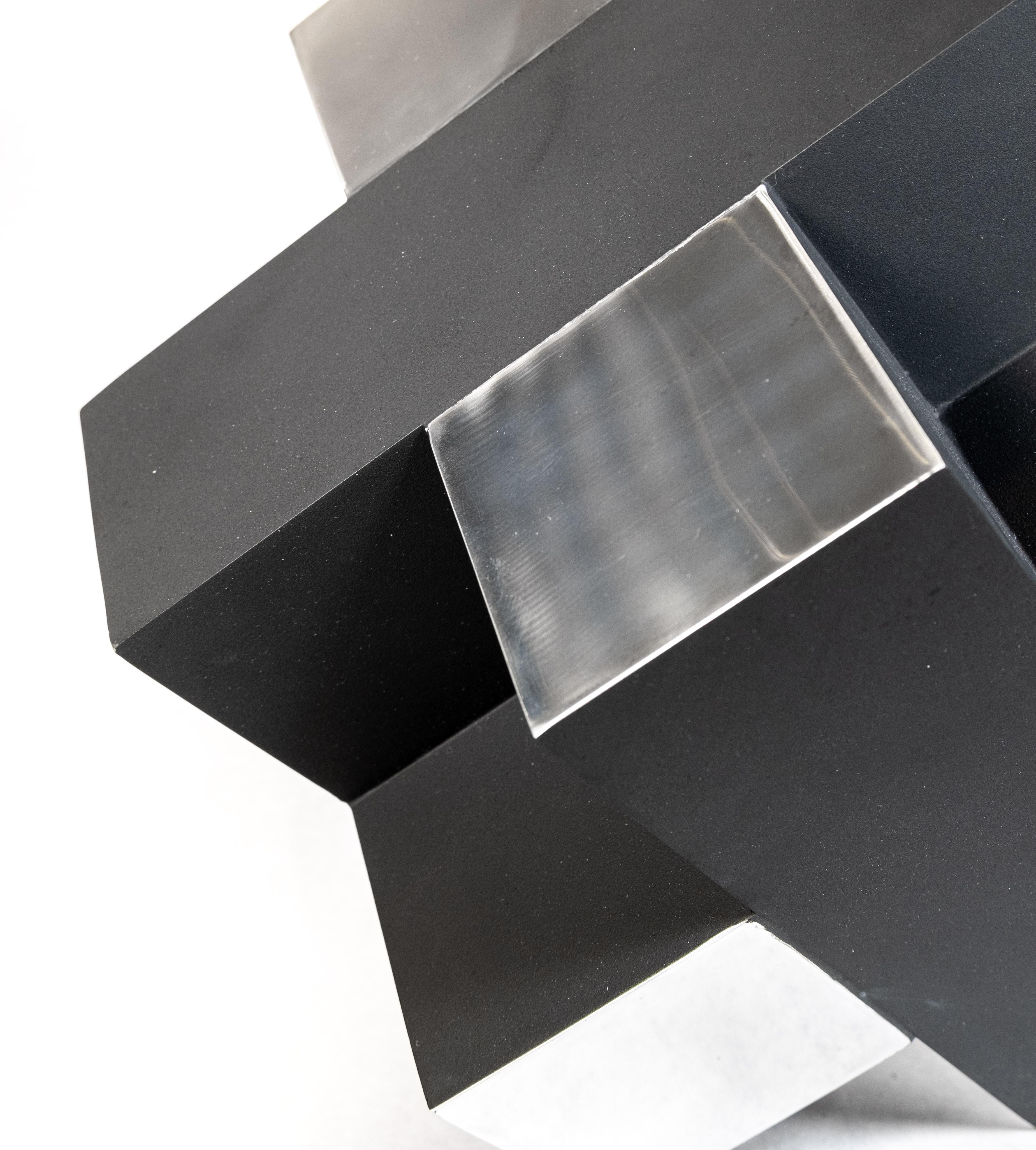 12 Inch Cube Black 1/10 - modern, intersecting geometric, aluminum sculpture For Sale 3