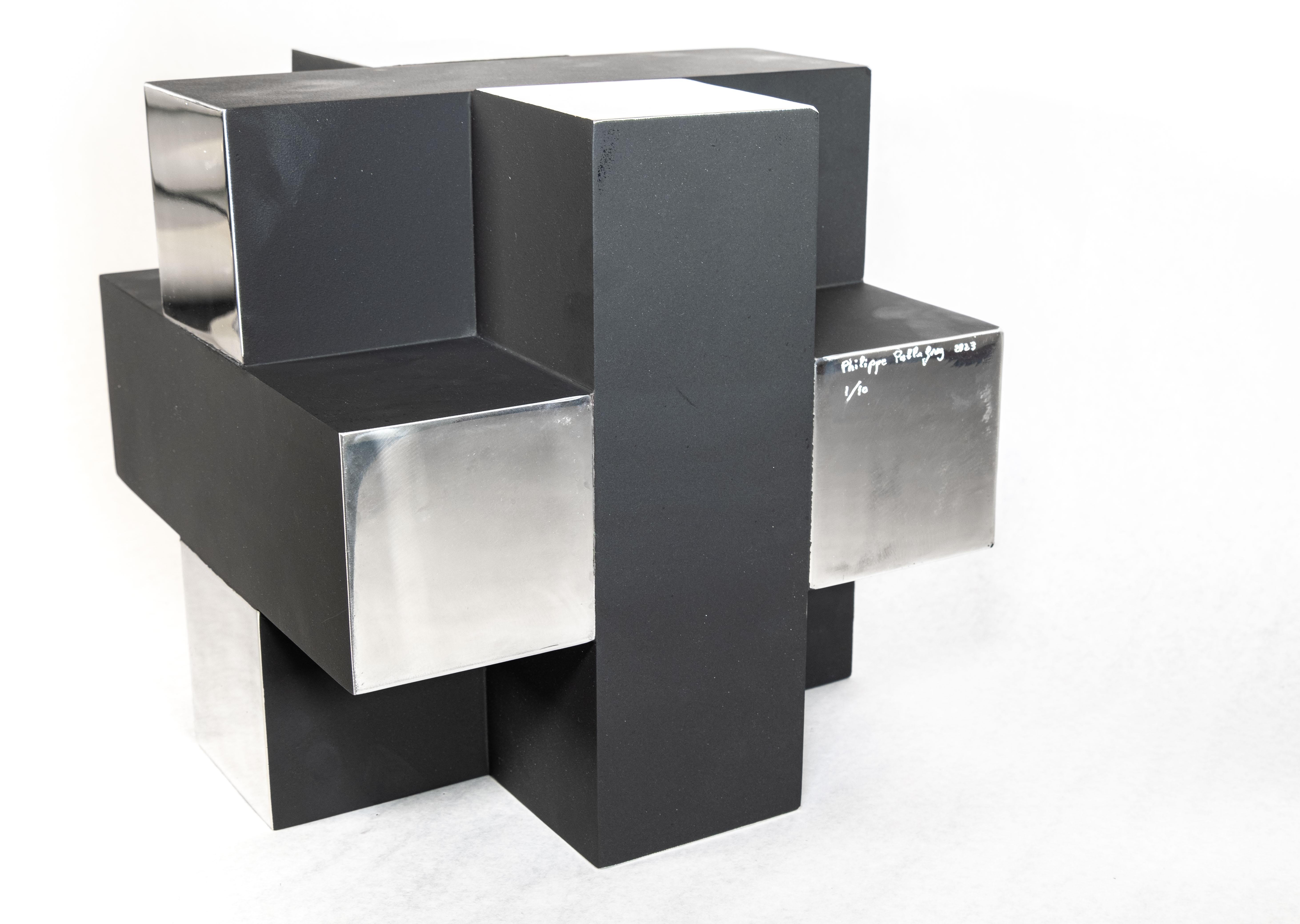 12 Inch Cube Black 1/10 - modern, intersecting geometric, aluminum sculpture For Sale 4