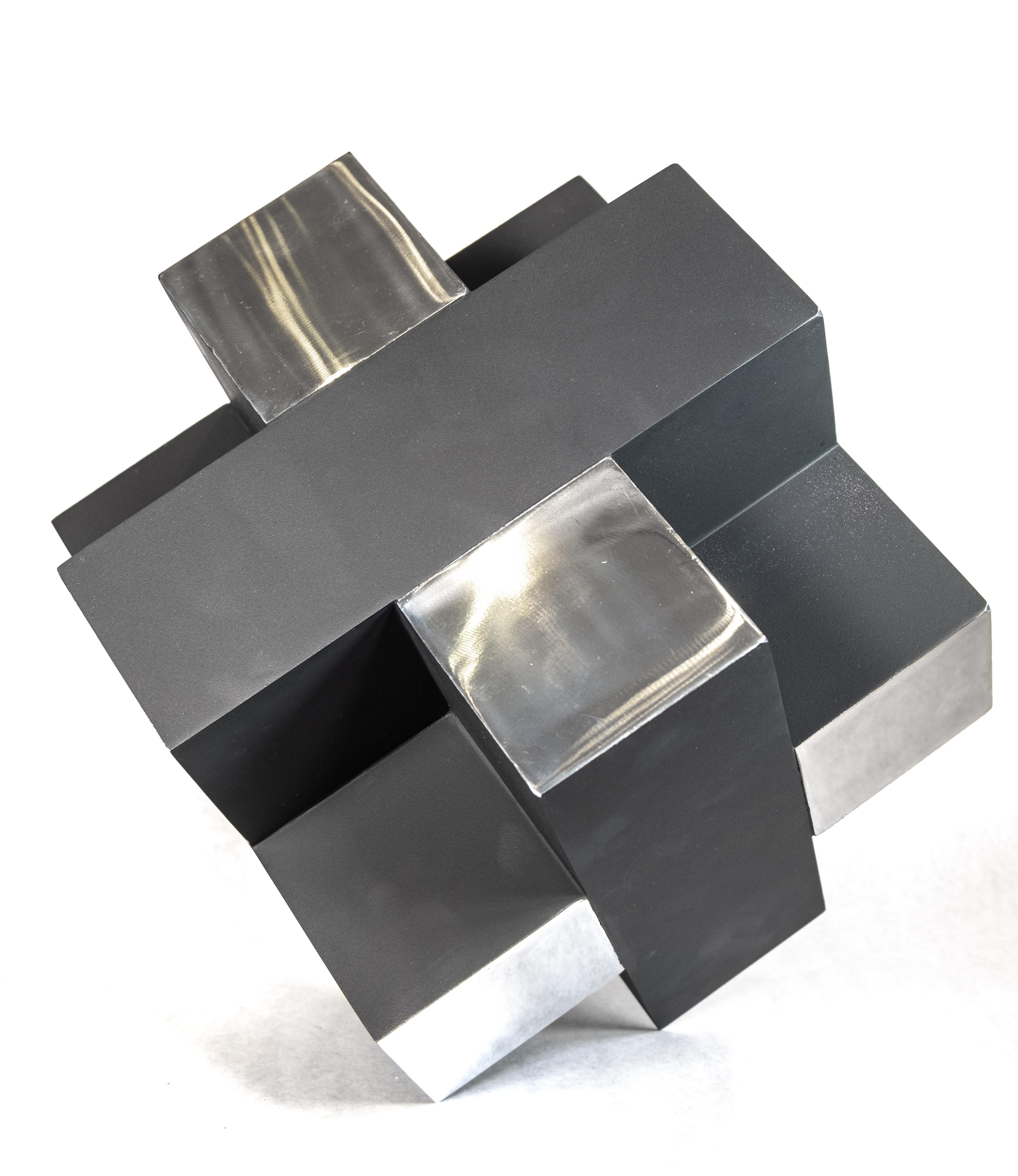 Philippe Pallafray Abstract Sculpture - 12 Inch Cube Black 1/10 - modern, intersecting geometric, aluminum sculpture