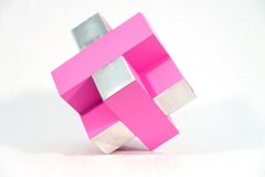 12 Inch Cube Pink 1/10 - modern, intersecting geometric, aluminum sculpture