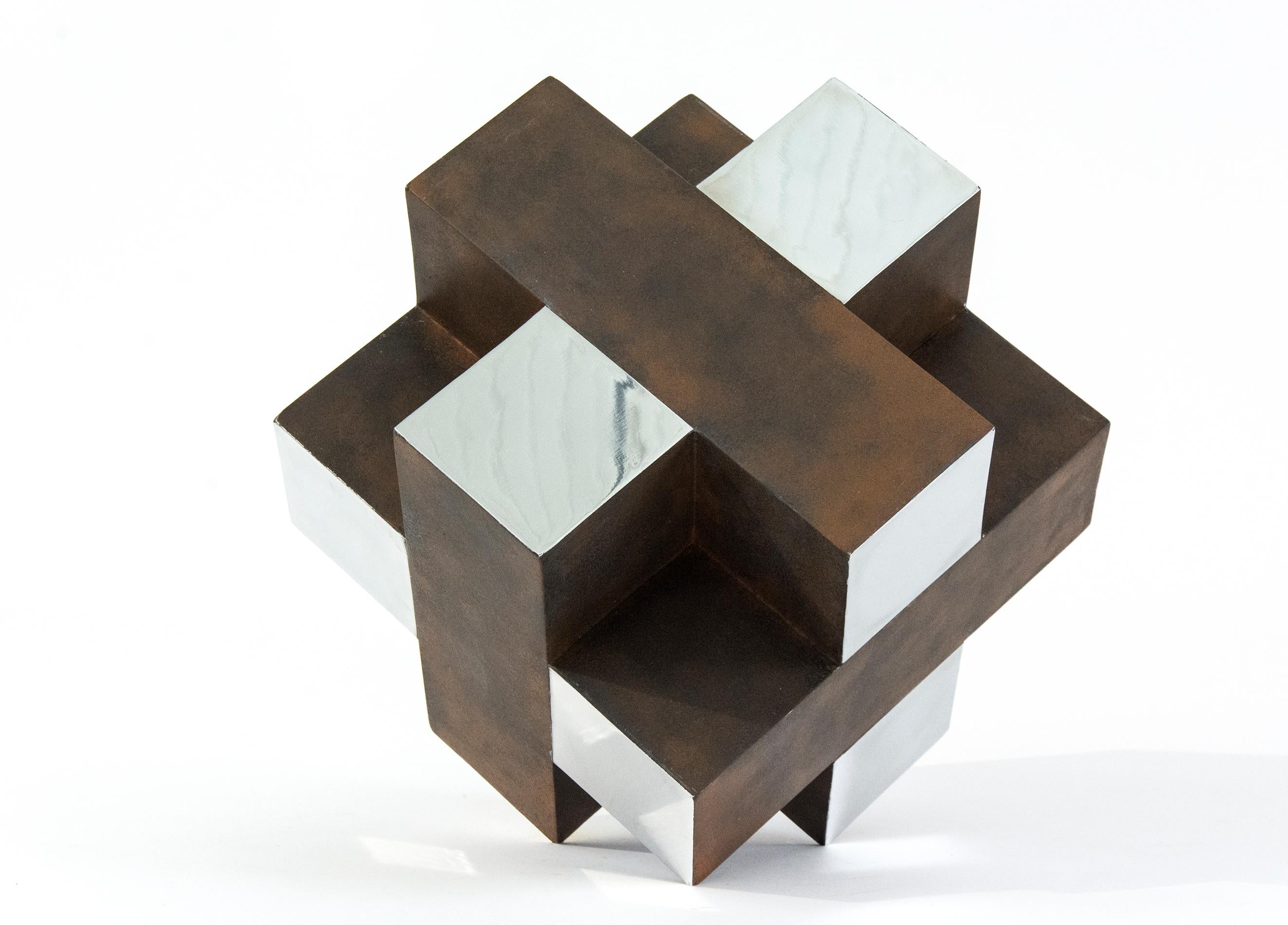 16 Inch Cube Rust 2/10 - Intersecting geometry, aluminum modern sculpture - Sculpture by Philippe Pallafray