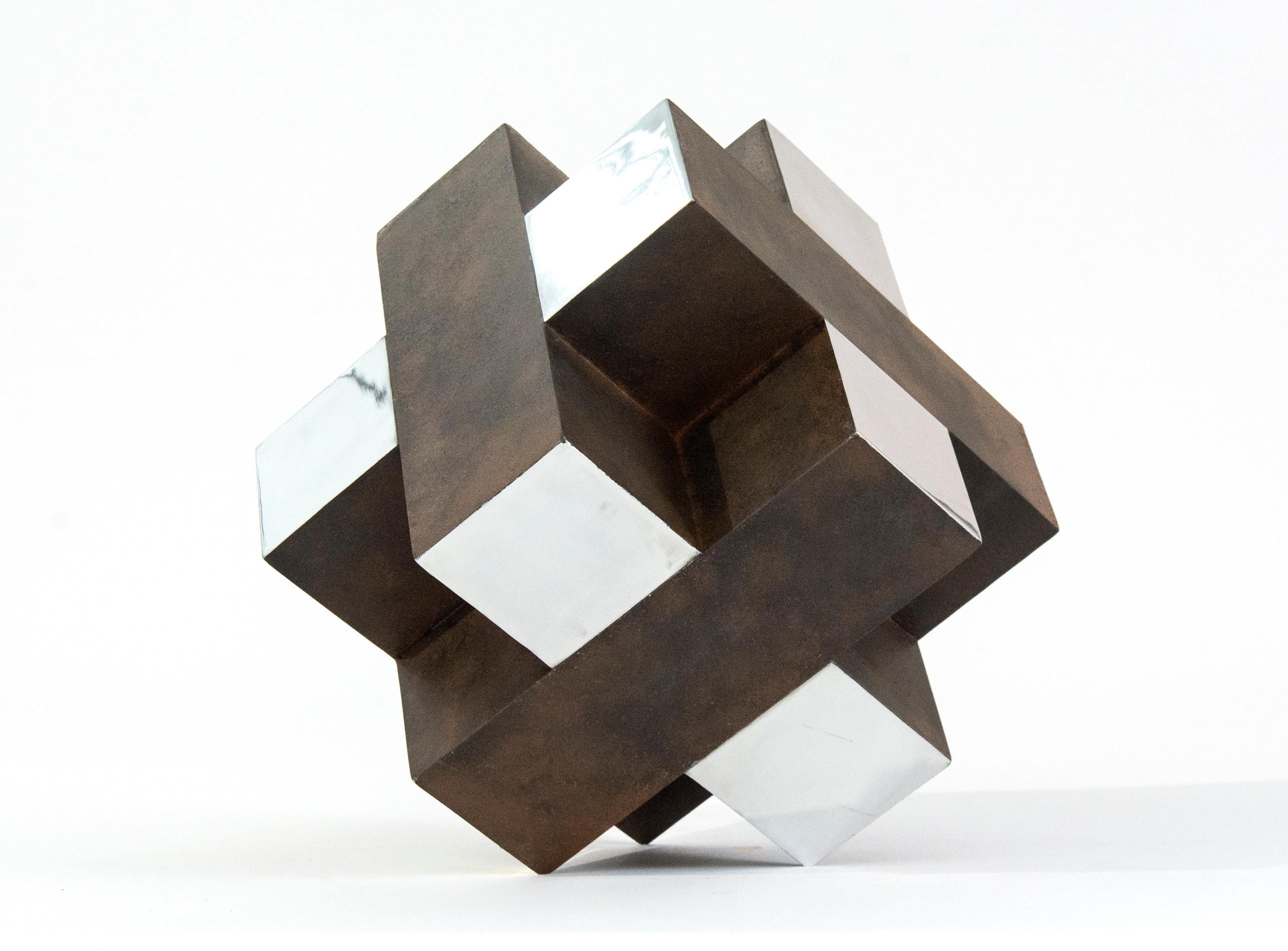 Philippe Pallafray Abstract Sculpture - 16 Inch Cube Rust 2/10 - Intersecting geometry, aluminum modern sculpture