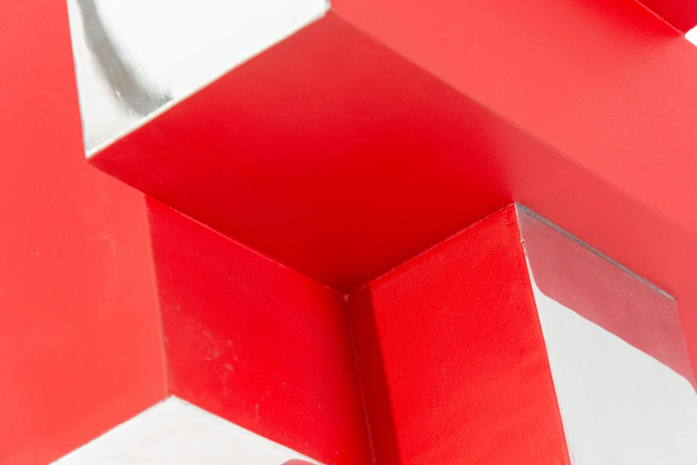 15 Inch Cube Red 2/10 - bright, Intersecting geometry, aluminum modern sculpture For Sale 2