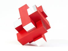 15 Inch Cube Red 2/10 - bright, Intersecting geometry, aluminum modern sculpture