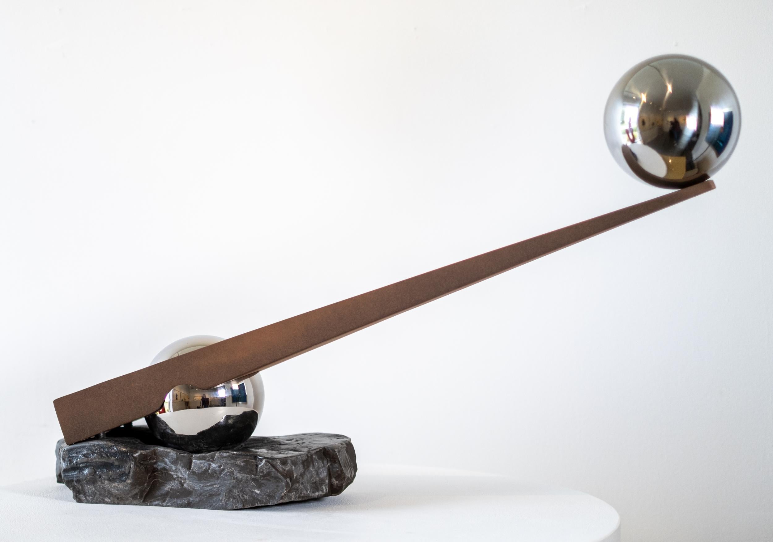 This contemporary indoor metal sculpture was hand forged by Philippe Pallafray.

The dynamic abstract work of Philippe Pallafray has found an international audience. The Quebec based artist has developed a distinctive visual style that uses bold