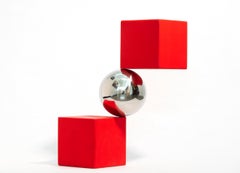 Equilibre 4/10 - red, geometric abstract, modern, reflective, aluminum sculpture