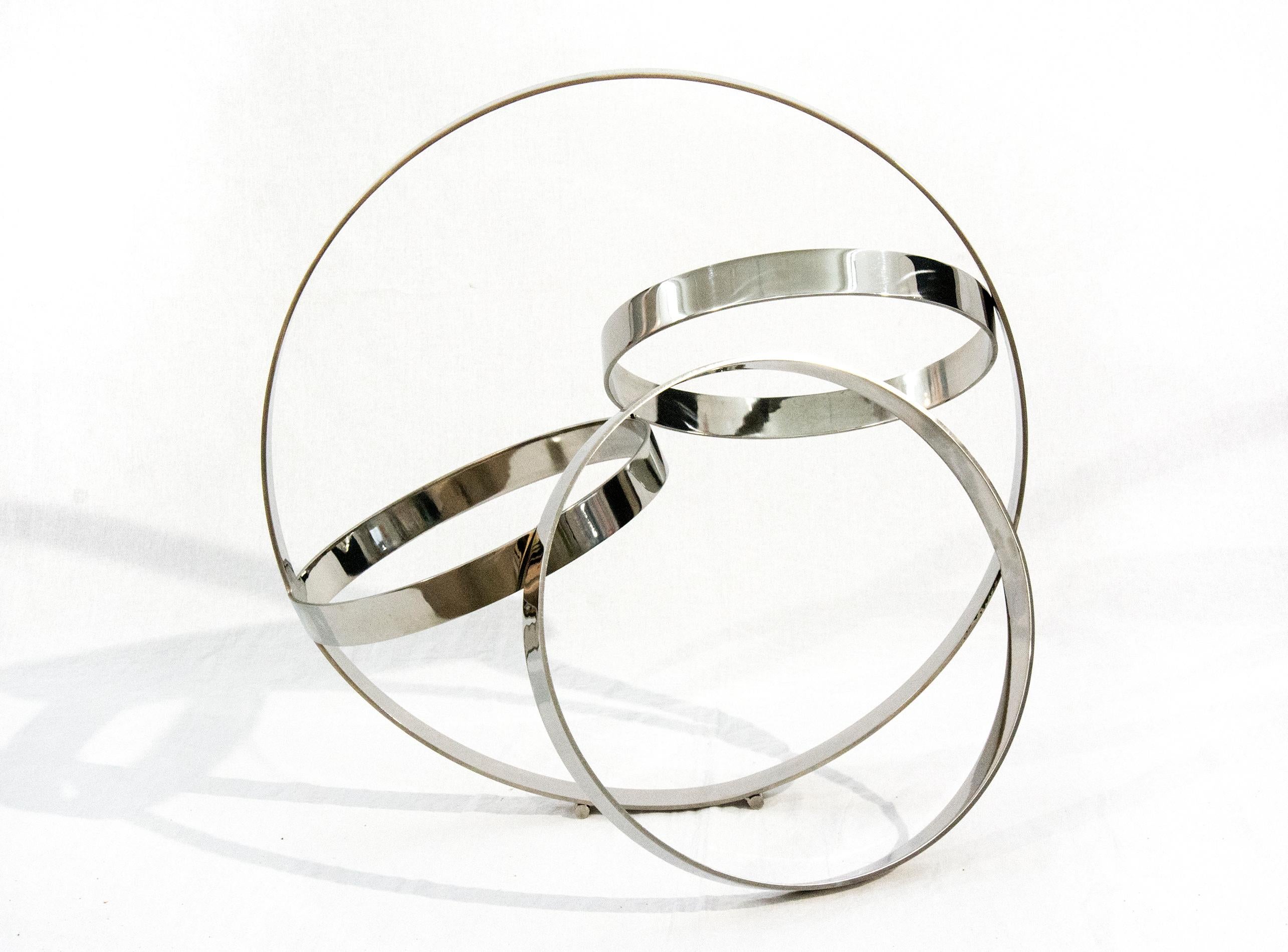 Philippe Pallafray Abstract Sculpture - Four Ring Polished Stainless Steel Temps Zero - geometric, modern, sculpture