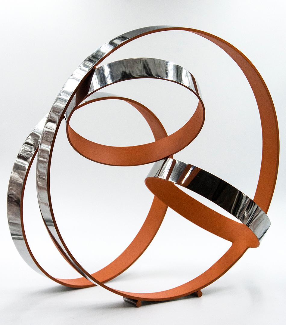 Four Ring Temps Zero Orange - bright, modern, abstract stainless steel sculpture 2