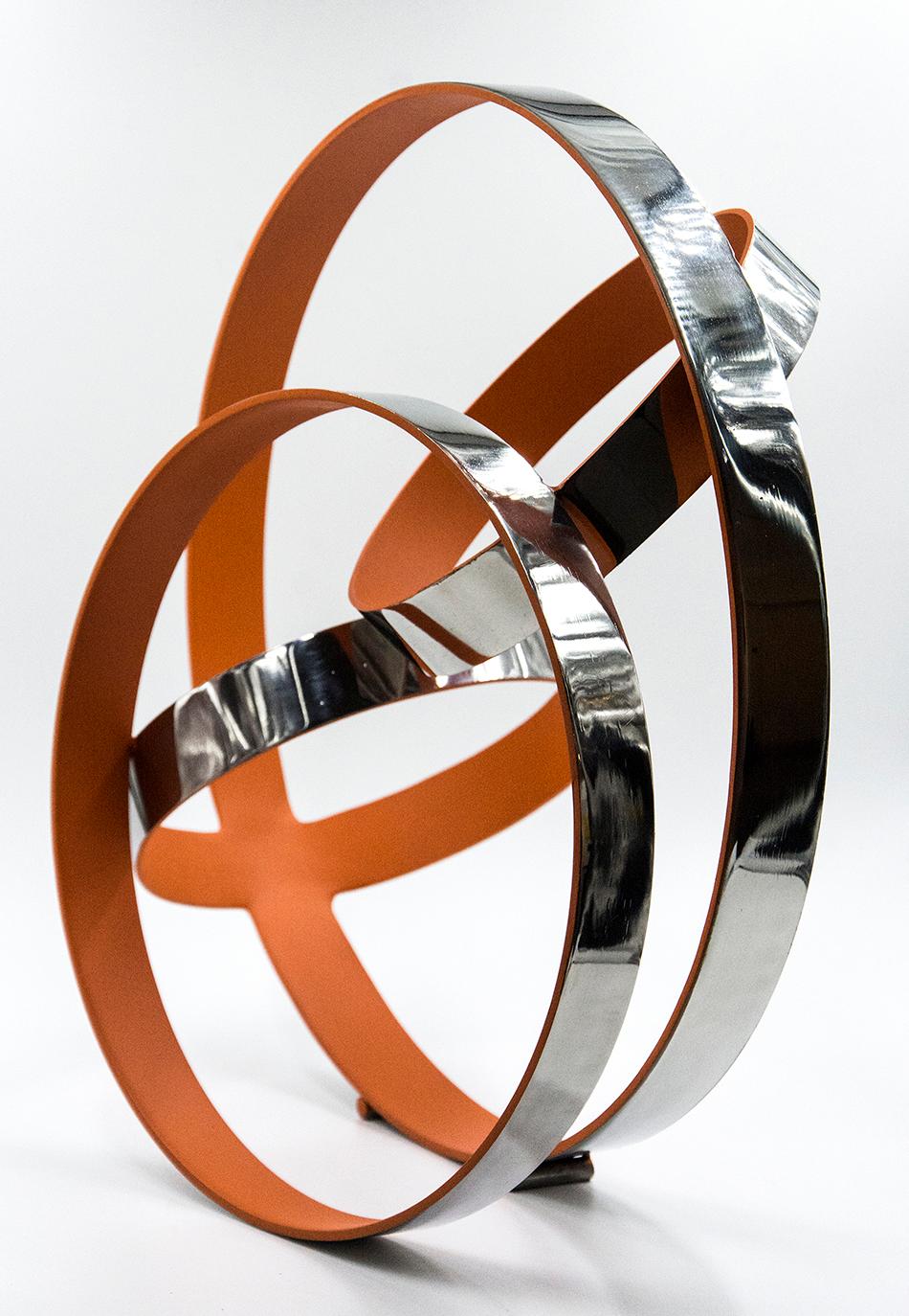 Four Ring Temps Zero Orange - bright, modern, abstract stainless steel sculpture 3