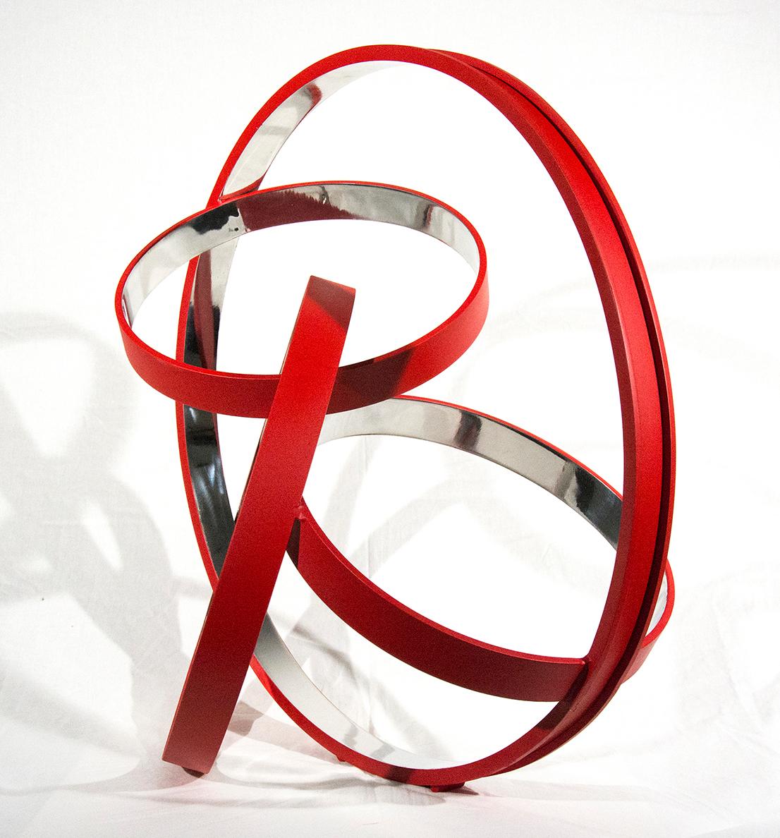 Four Ring Temps Zero Red 6/10 - modern, abstract, stainless steel sculpture - Sculpture by Philippe Pallafray