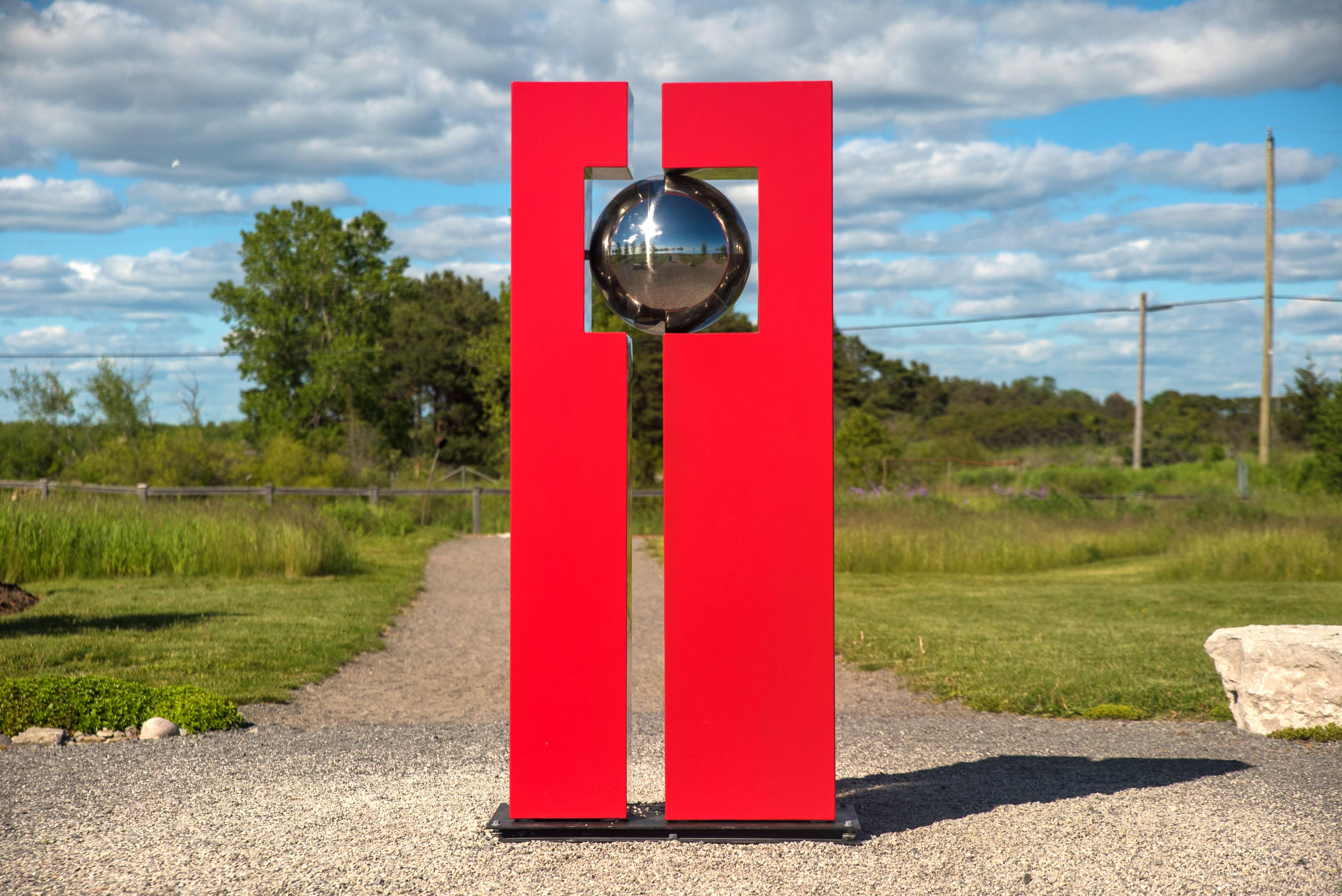 This work is available by commission with 4 to 6 weeks required before delivery. It is edition 9 of 10. 

There are also versions available in sizes up to 10 feet, with multiple spheres, and finishes in red, black or brown. 

A polished stainless