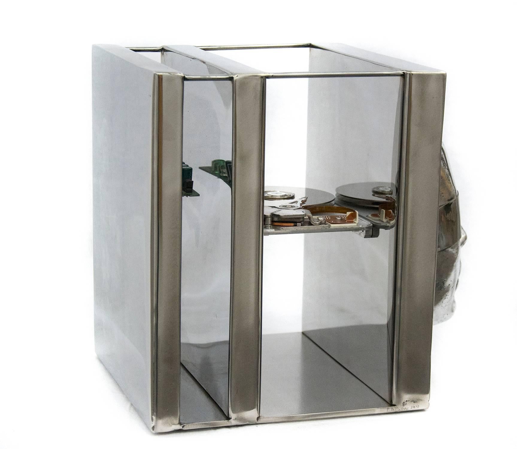In this provocative steam punk inspired sculpture, Quebec artist Philippe Pallfray has replaced the brain of a cast human head with a computer hard drive. The drive is encased in a polished and highly reflective stainless steel box. Thematically,