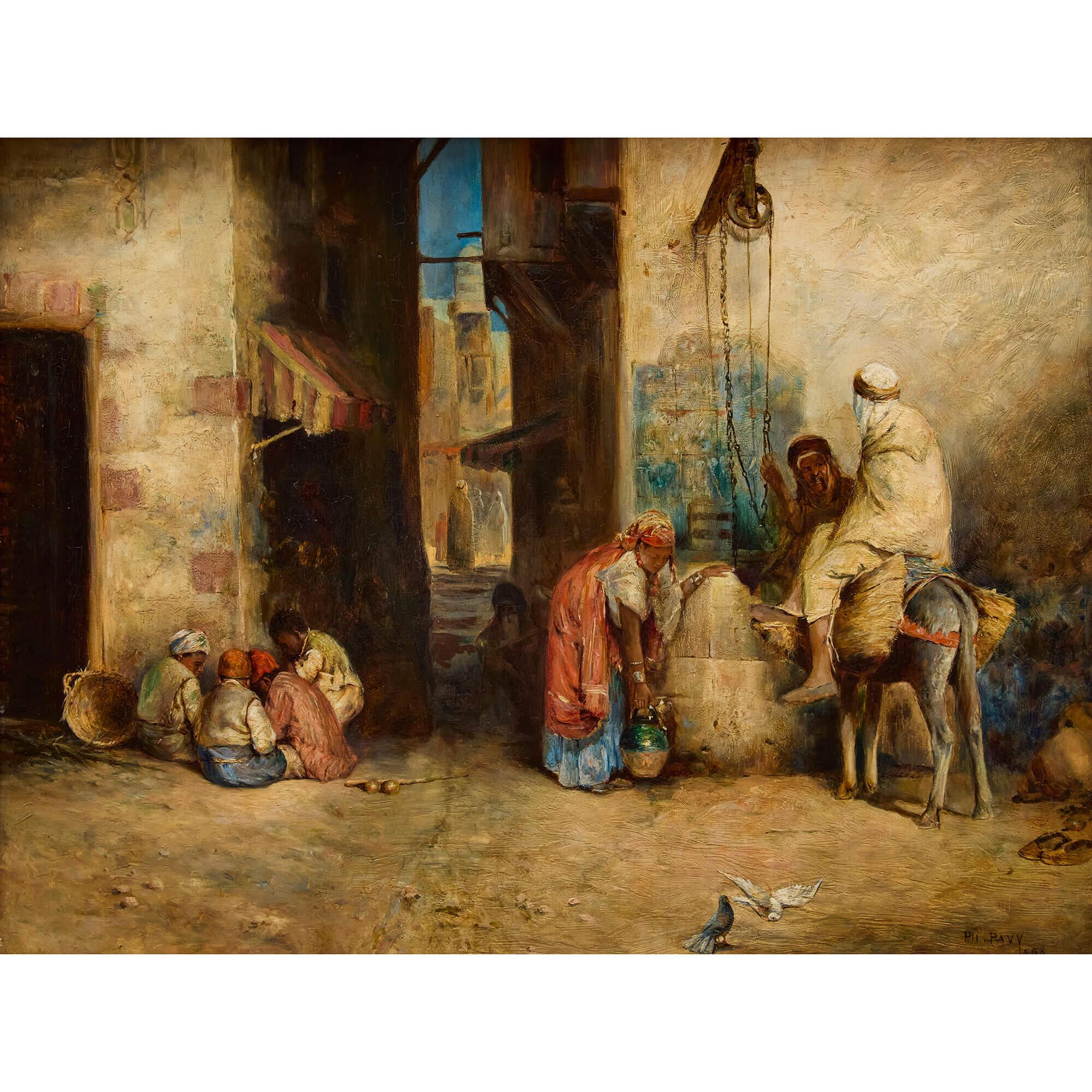 Antike Philippe Pavy Orientalist Ölgemälde Straßenszene Kinder Musikant im Angebot 1