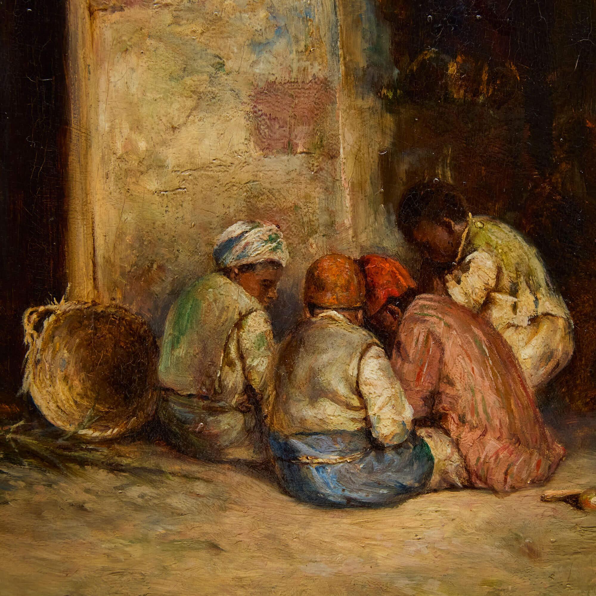 Antike Philippe Pavy Orientalist Ölgemälde Straßenszene Kinder Musikant im Angebot 2