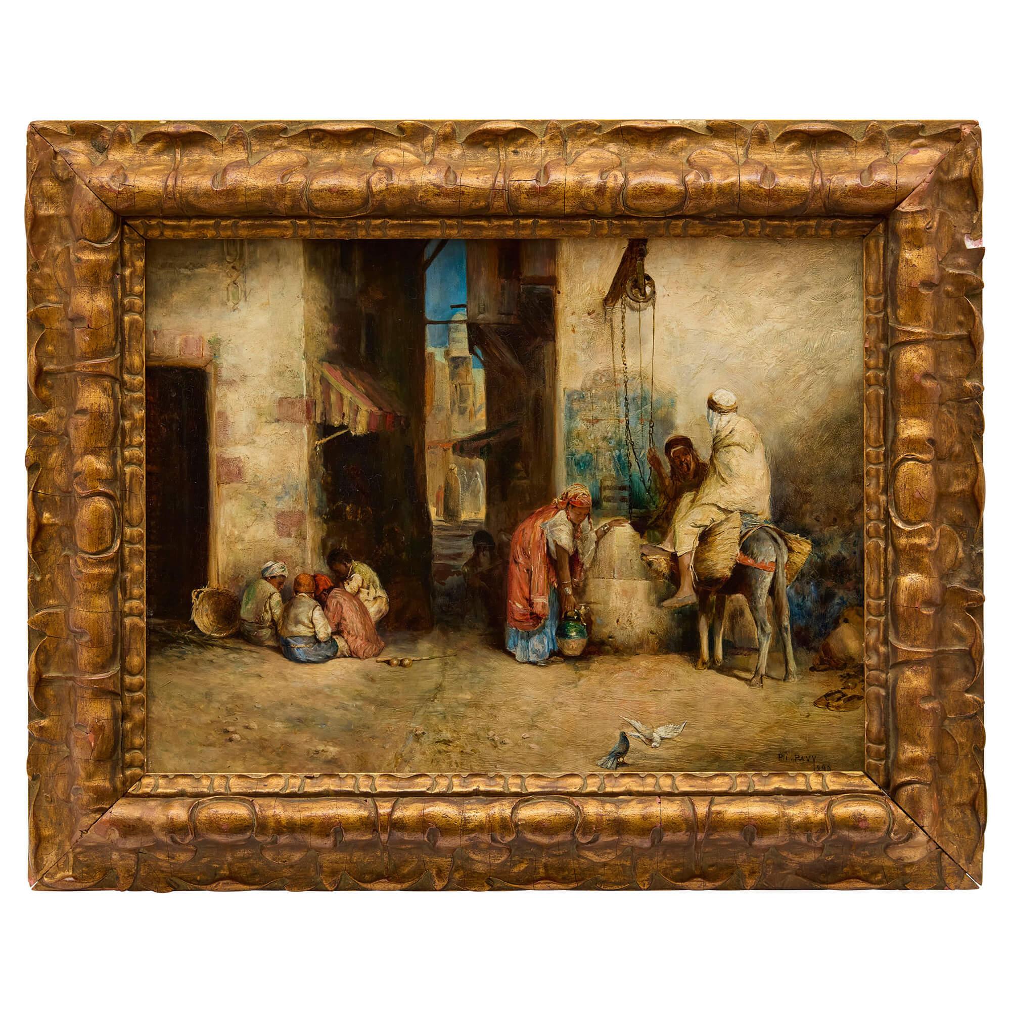 Ancienne peinture à l'huile orientaliste de Philippe Pavy Scène de rue Enfants musiciens