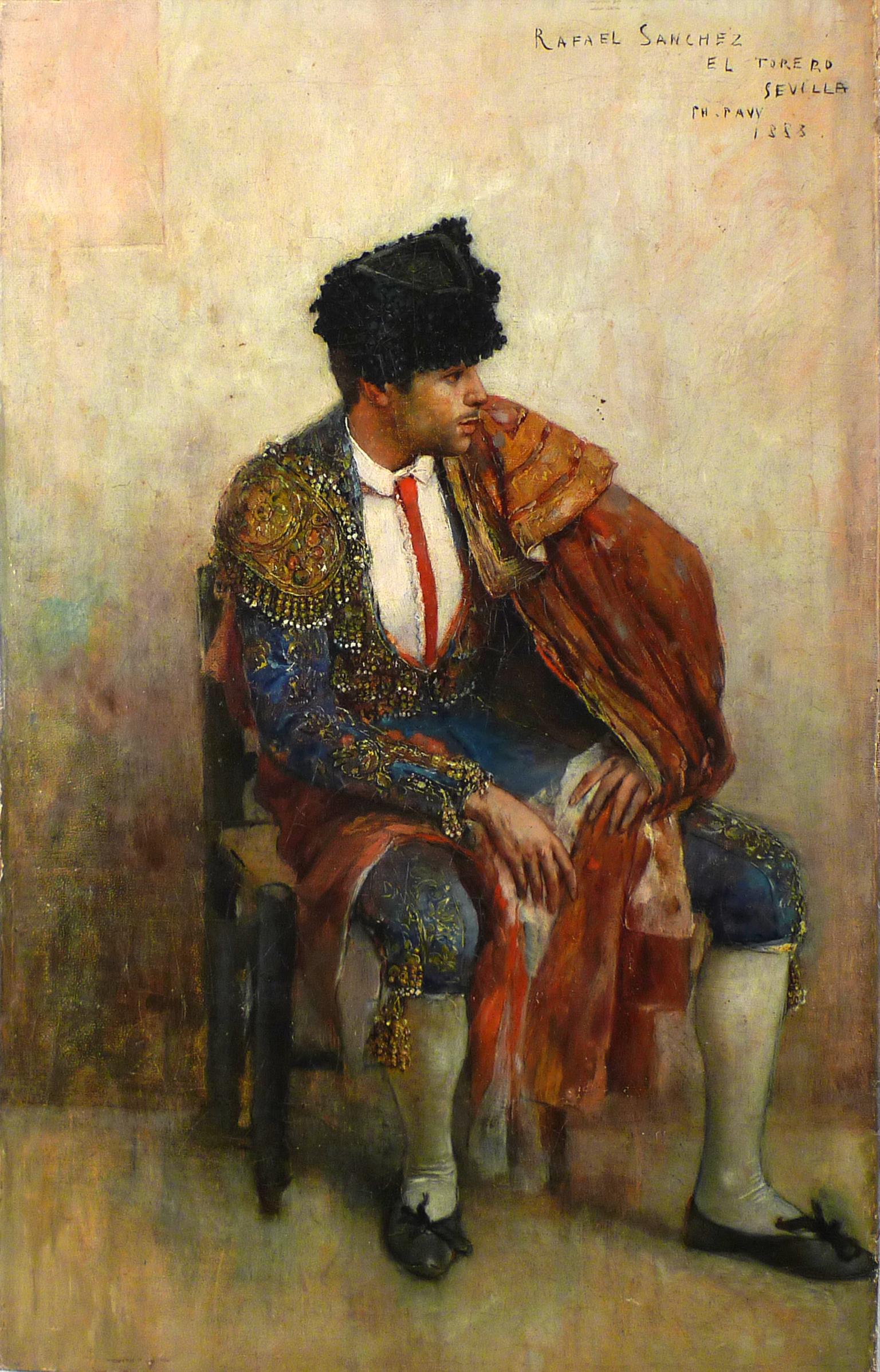 PHILIPPE PAVY
Francés, 1860 - ?
inscrito, localizado, firmado y fechado "RAFAEL SANCHEZ, EL TORERO / SEVILLA / PH. PAVY / 1888" (arriba a la derecha)
óleo sobre lienzo
46 x 29,5 cm (18-1/8 x 11-5/8 pulgadas)

PROCEDENCIA
Venta: Sotheby's Londres, 11