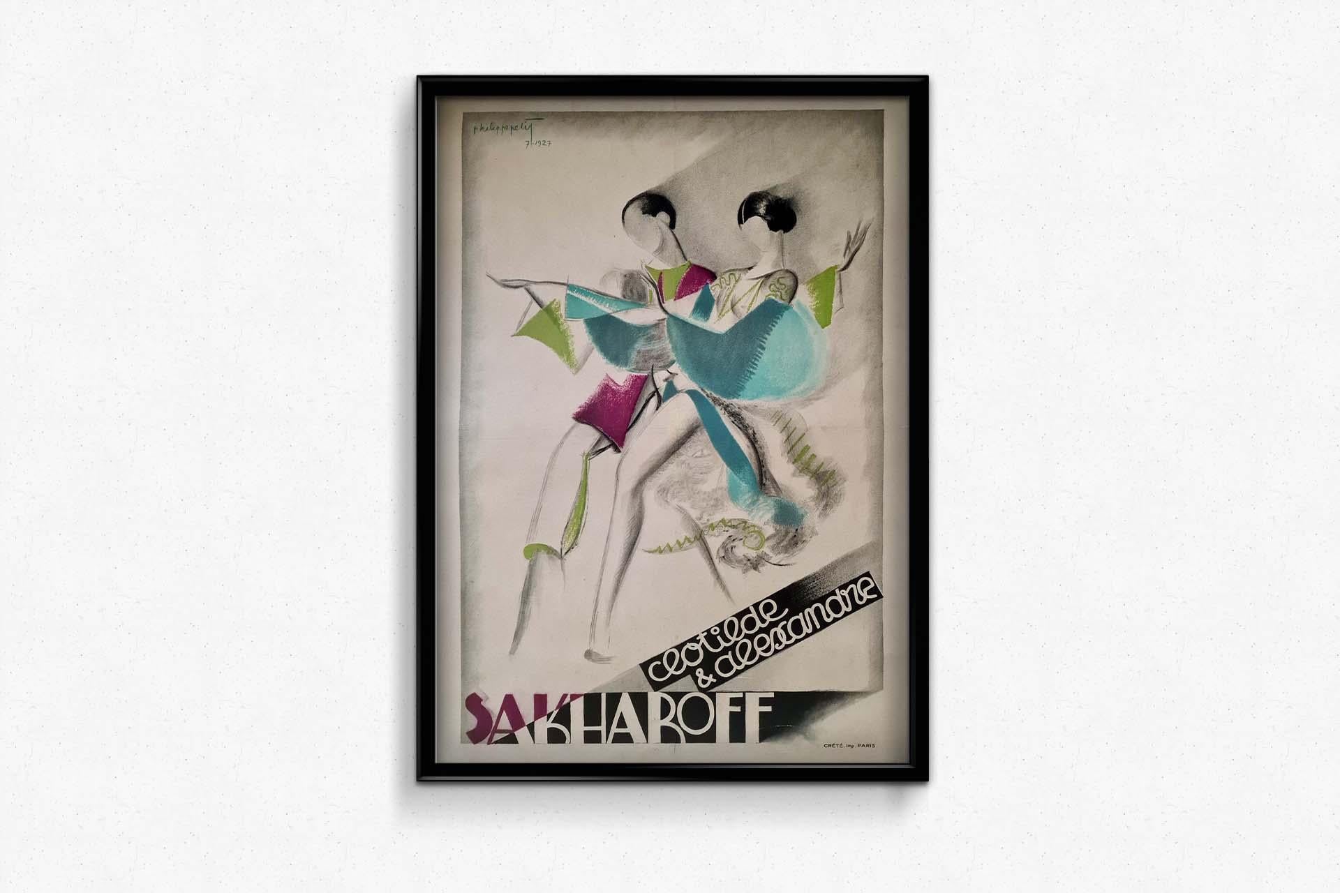 Philippe Petit's 1927 Art Deco poster for Clotilde & Alexandre Sakharoff is a mesmerizing piece of visual art that captures the essence of an era known for its opulence and artistic innovation. This poster not only embodies the spirit of Art Deco