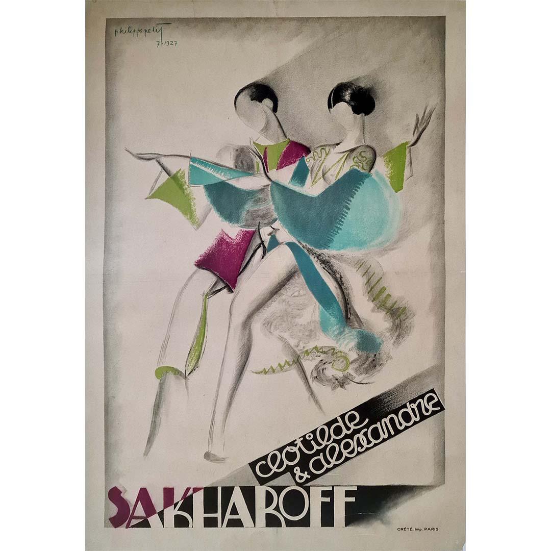 Das Art-déco-Plakat von Philippe Petit für Clotilde & Alexandre Sakharoff aus dem Jahr 1927 ist ein faszinierendes Kunstwerk, das die Essenz einer Epoche einfängt, die für ihre Opulenz und künstlerische Innovation bekannt war. Dieses Plakat