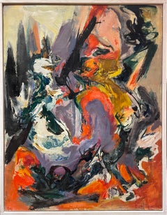 1969 Feminine French Orange Purple Composition In Abstract Expressionistic Style