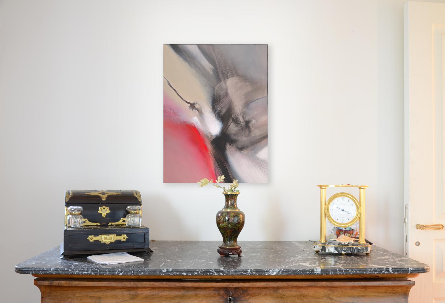 Rosso Beige Bianco e Nero Pittura acrilica astratta lirica - Painting di Philippe Saucourt