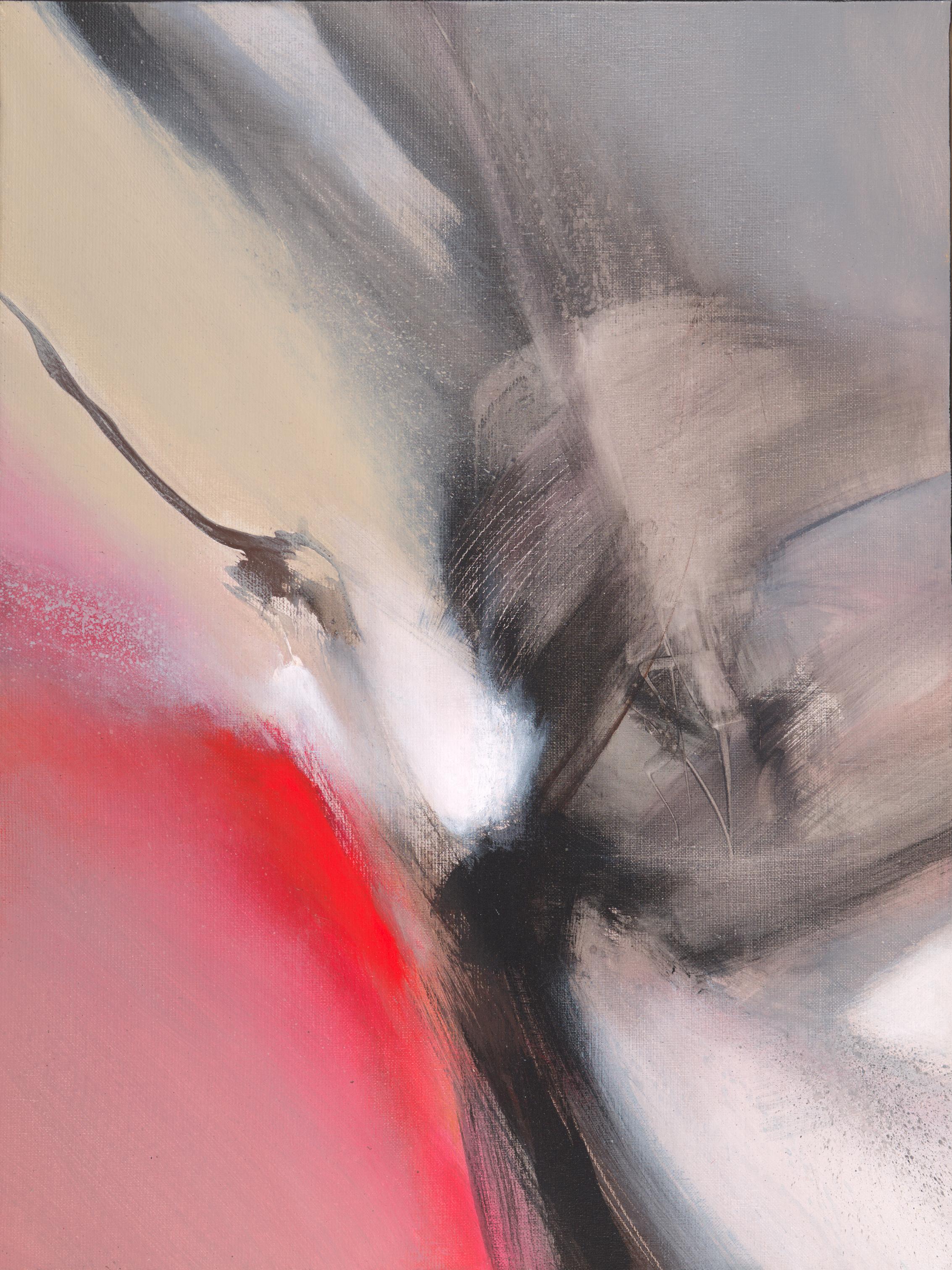 Philippe Saucourt Abstract Painting – Rot Beige Schwarz und Weiß Lyrical Abstraktes Acrylgemälde in Rot und Weiß 