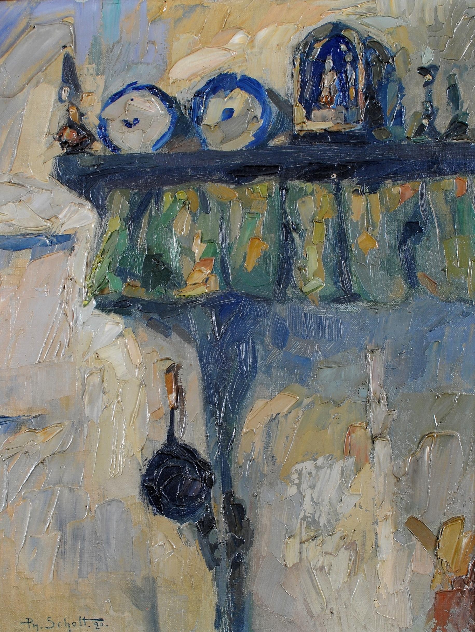 Bodegón de estantería - Pintura al óleo antigua belga de interior de principios del siglo XX - Painting de Philippe Schott