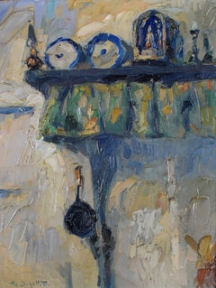 Shelf Still Life - Early 20th Century Antique Belgian Interior Oil Painting
