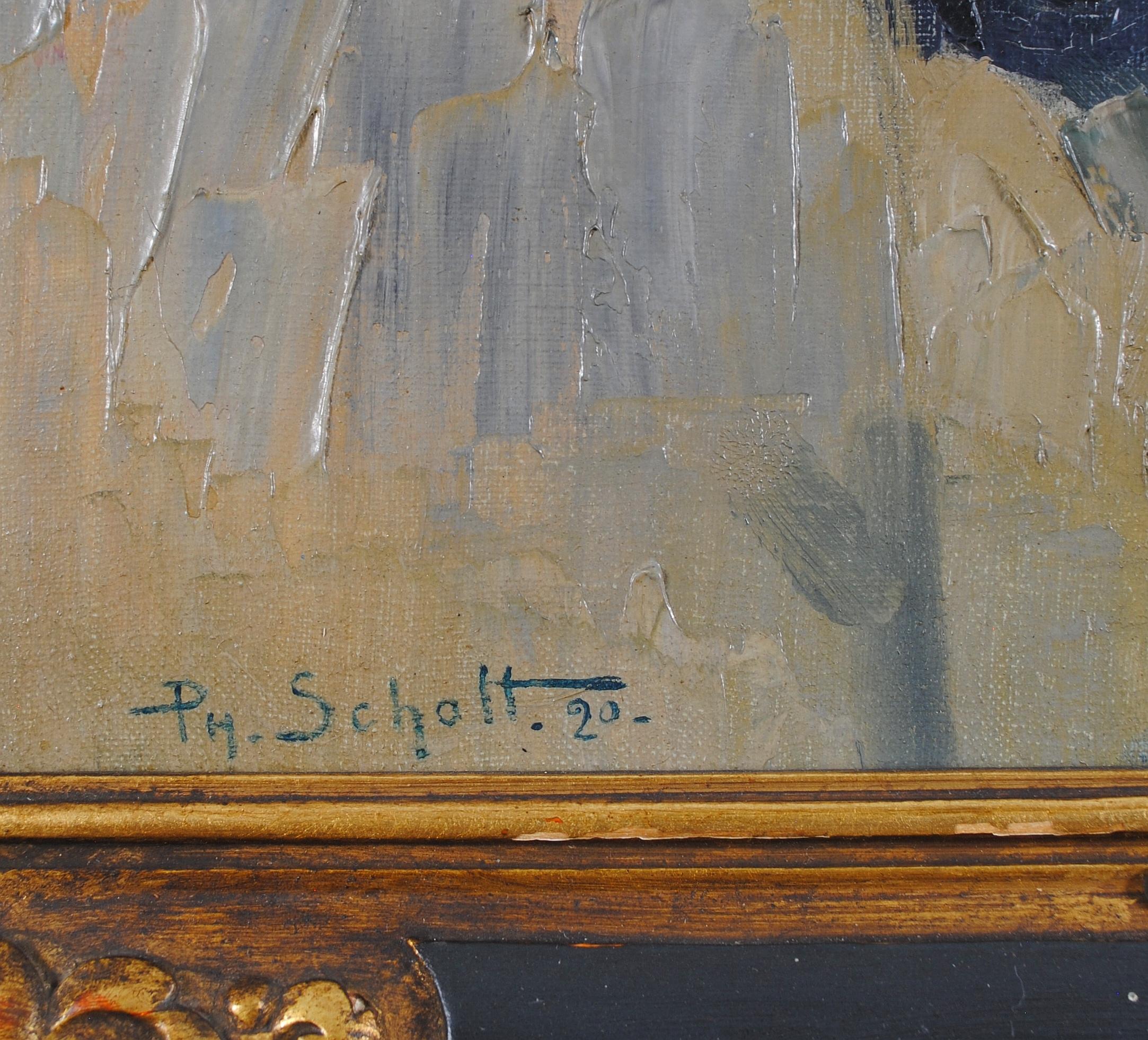 Bodegón de estantería - Pintura al óleo antigua belga de interior de principios del siglo XX en venta 2