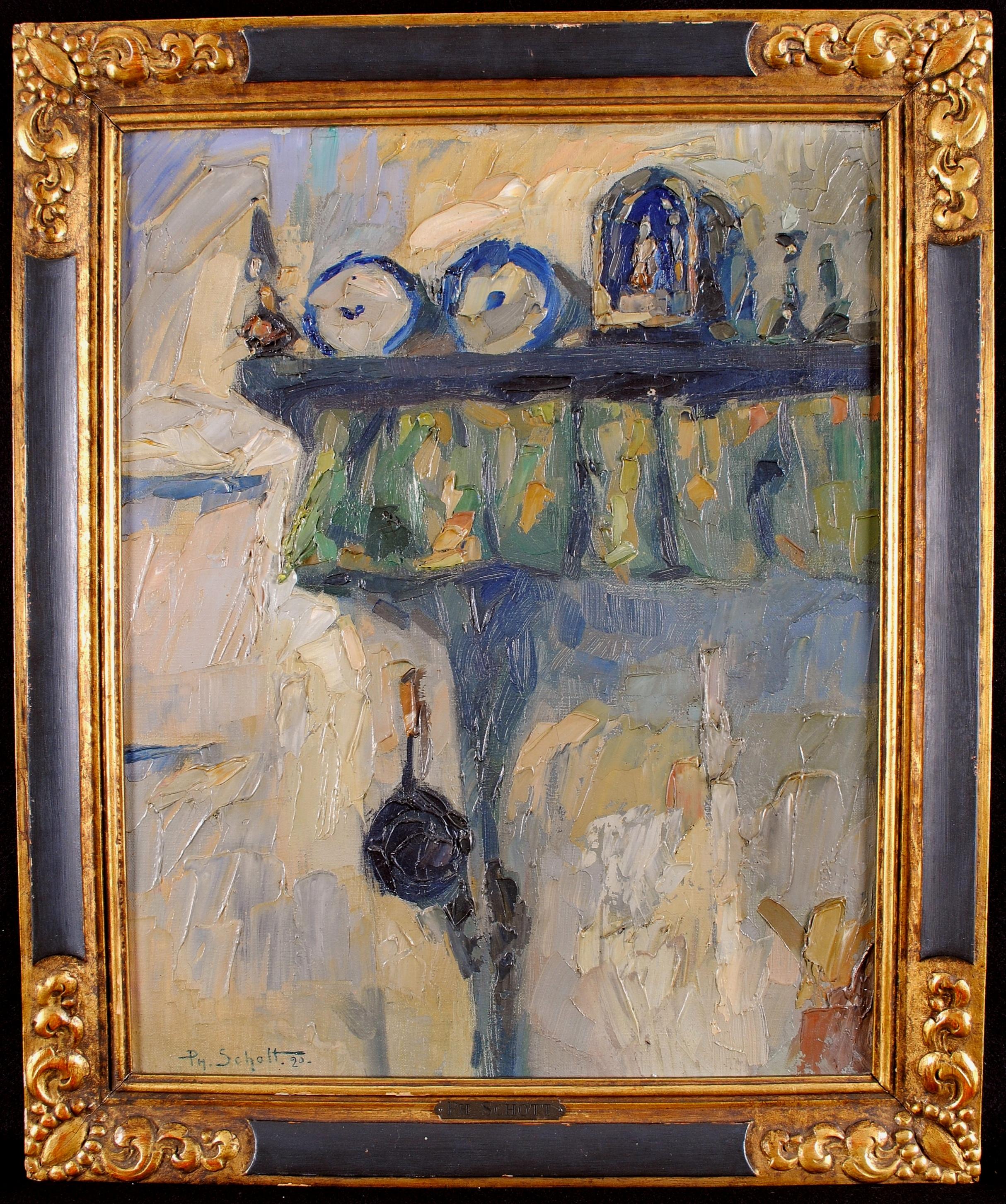 Still-Life Painting de Philippe Schott - Bodegón de estantería - Pintura al óleo antigua belga de interior de principios del siglo XX