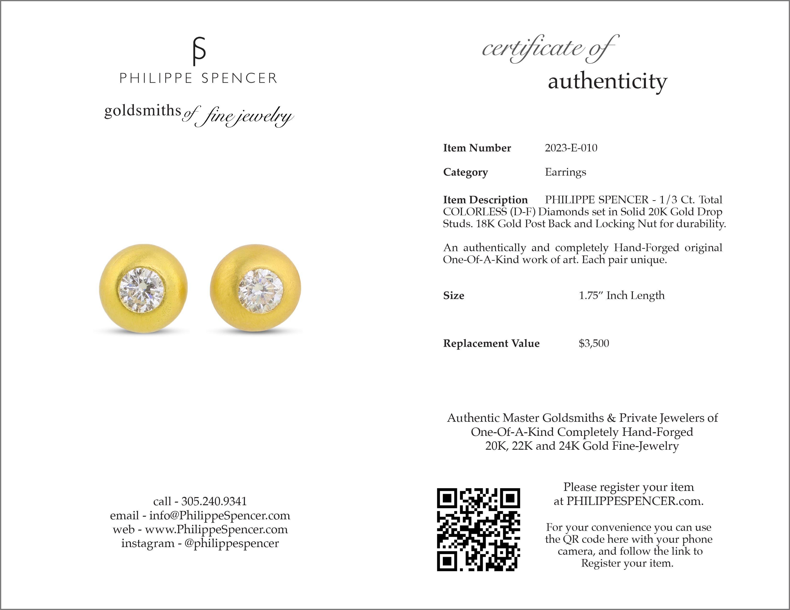 Artisan PHILIPPE SPENCER 1/3 Ct. Tw. COLORLESS Diamond 20K Gold Drop Stud Earrings For Sale