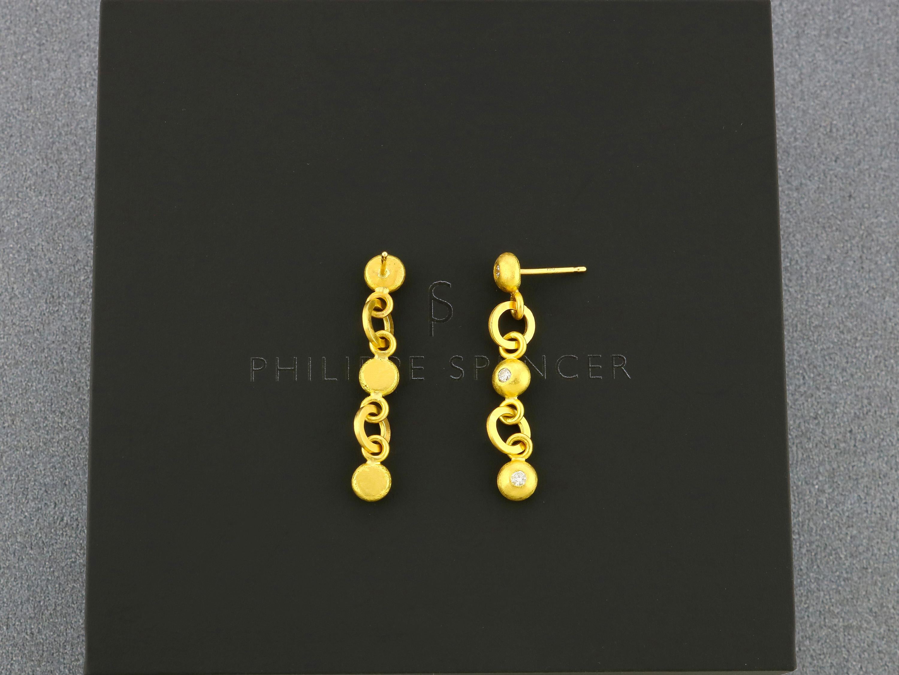 PHILIPPE SPENCER - 1/3 Ct. Total COLORLESS (D-F) Diamond Three Drop Dangling Earrings set in Pure 20K Gold, with Solid 20K Gold connection links. Each pair is a unique, authentically smithed One-Of-A-Kind work of art. 

These beautiful Hand-Forged