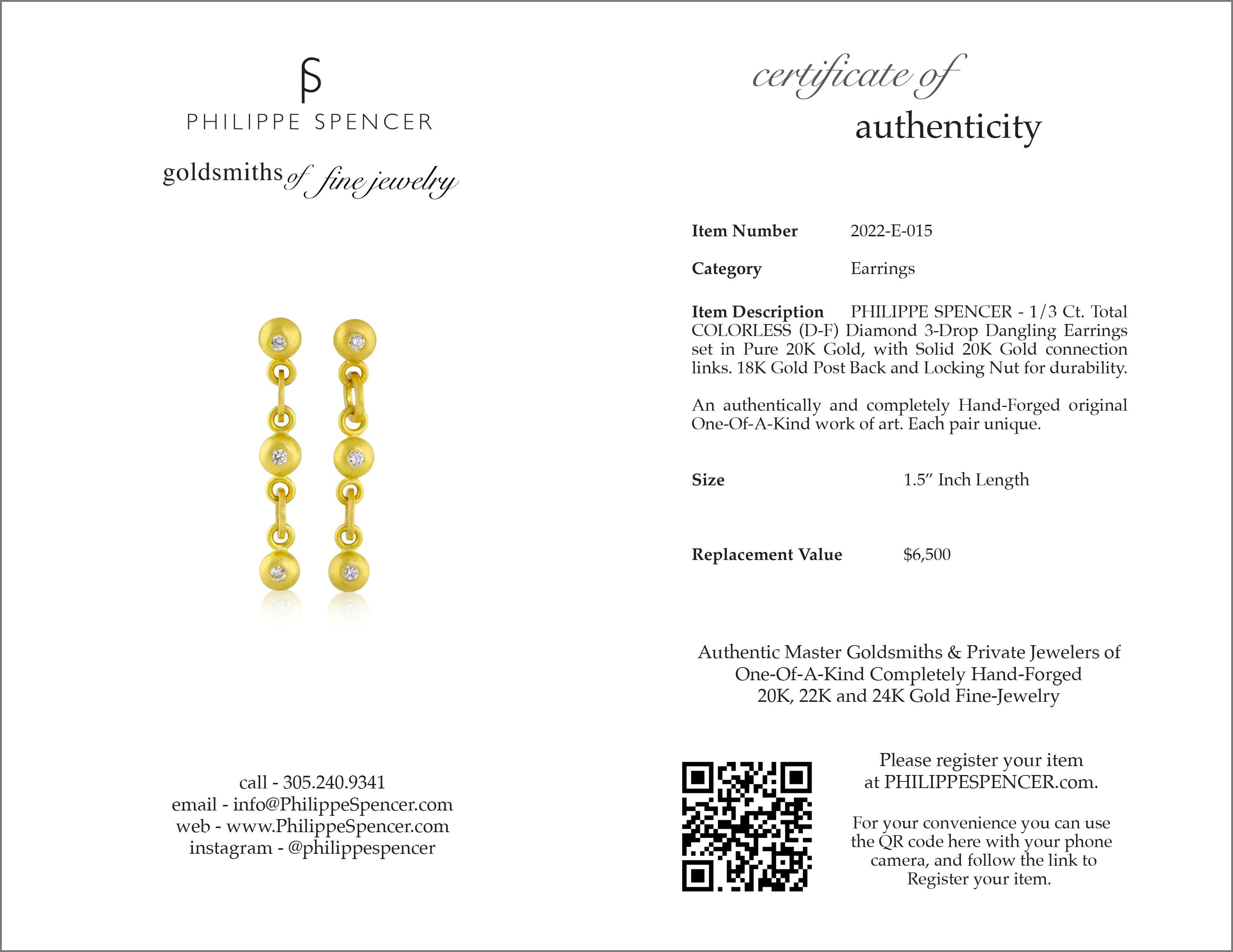 Round Cut PHILIPPE SPENCER  1/3 Ct. Tw. Colorless Diamonds & Pure 20K Gold Earrings For Sale