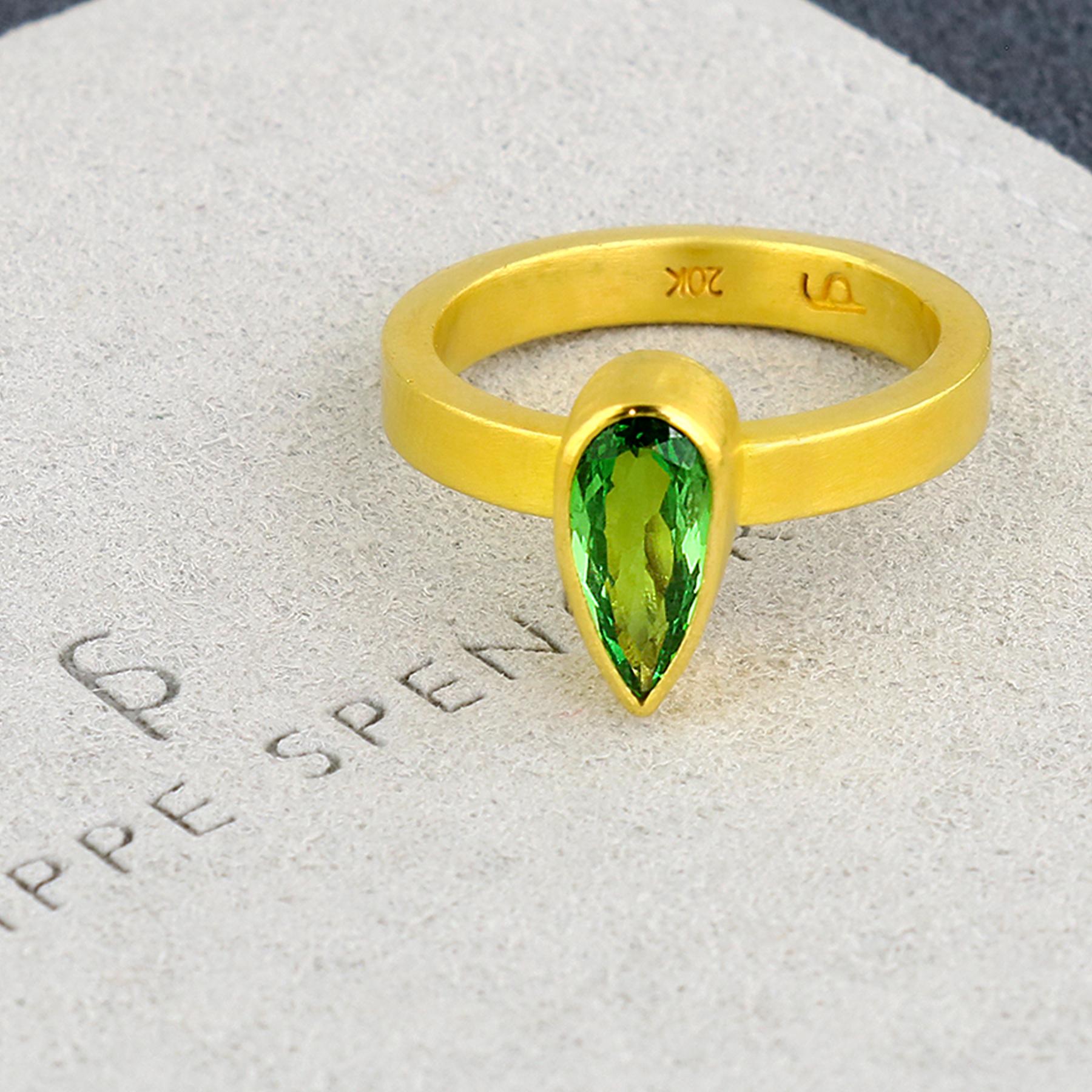 PHILIPPE SPENCER - Rare 1.02 Ct. Bright Green Tsavorite (Green Garnet)  wrapped in 22K Gold with Solid 20K Gold Hand & Anvil-Forged  Statement Ring. Heavy Brushed Exterior, Polished Interior Finish. Size 7, and is in-stock and ready to ship. Our