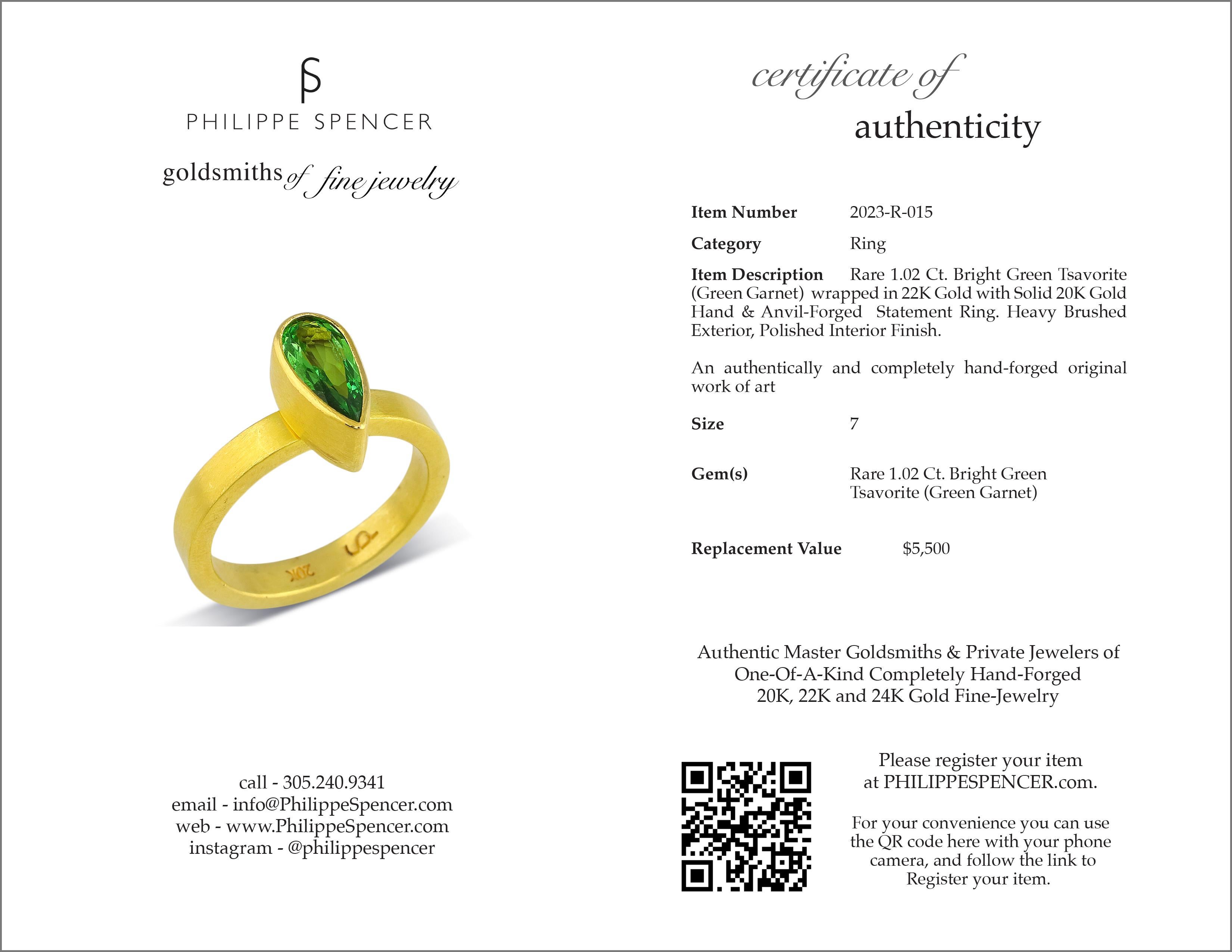 Pear Cut PHILIPPE SPENCER 1.02 Ct. Rare Tsavorite in 22K and 20K Gold Statement Ring For Sale