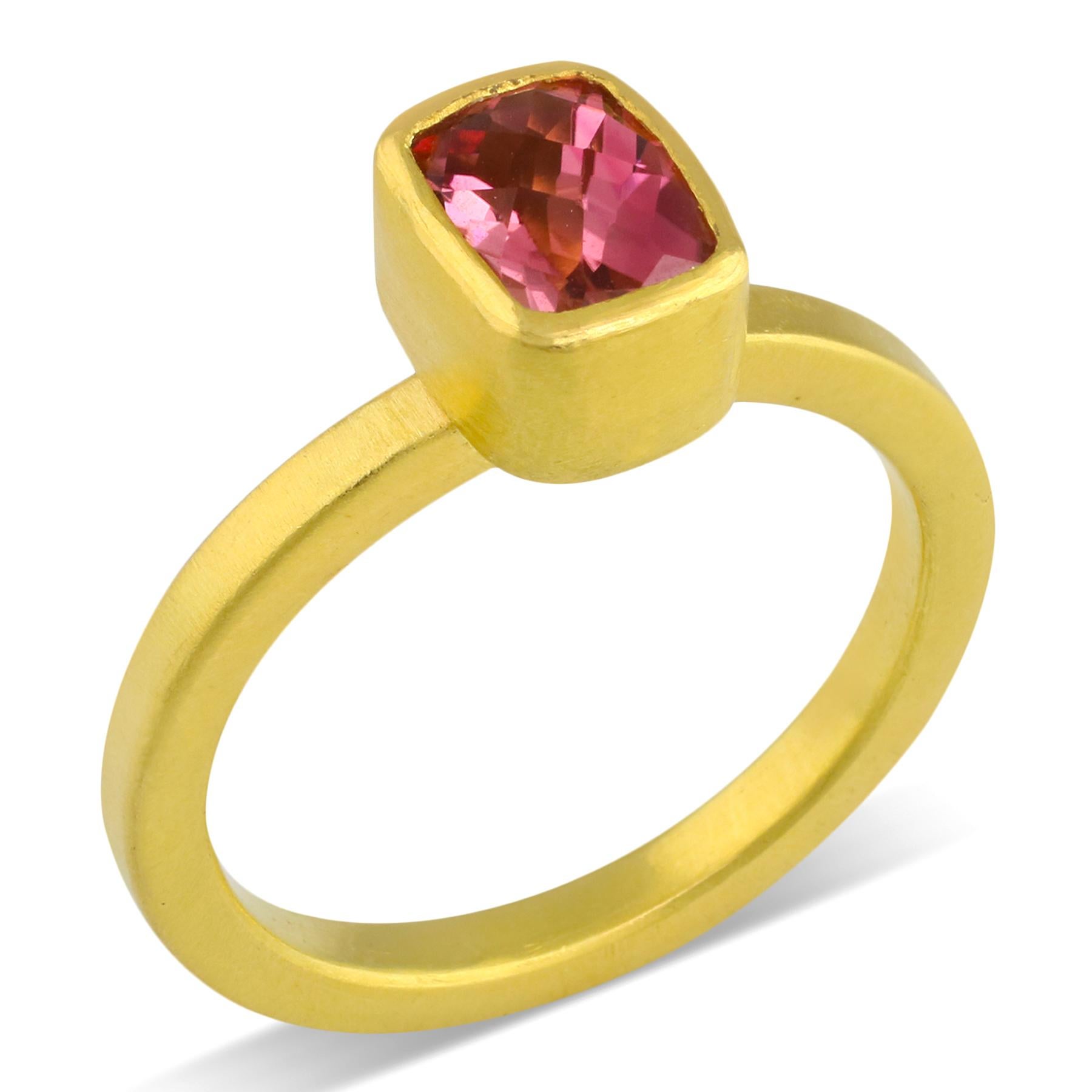 PHILIPPE-SPENCER -  1.08 Ct. Cushion Cut Rose Tourmaline wrapped in 22K Gold Bezel Setting, with Anvil-Forged Solid 20K Gold 2.25mm x 2mm Band. Heavy Brushed Exterior, Mirror Polish Interior.  Size 6 1/2, and is in-stock and ready to ship. Our