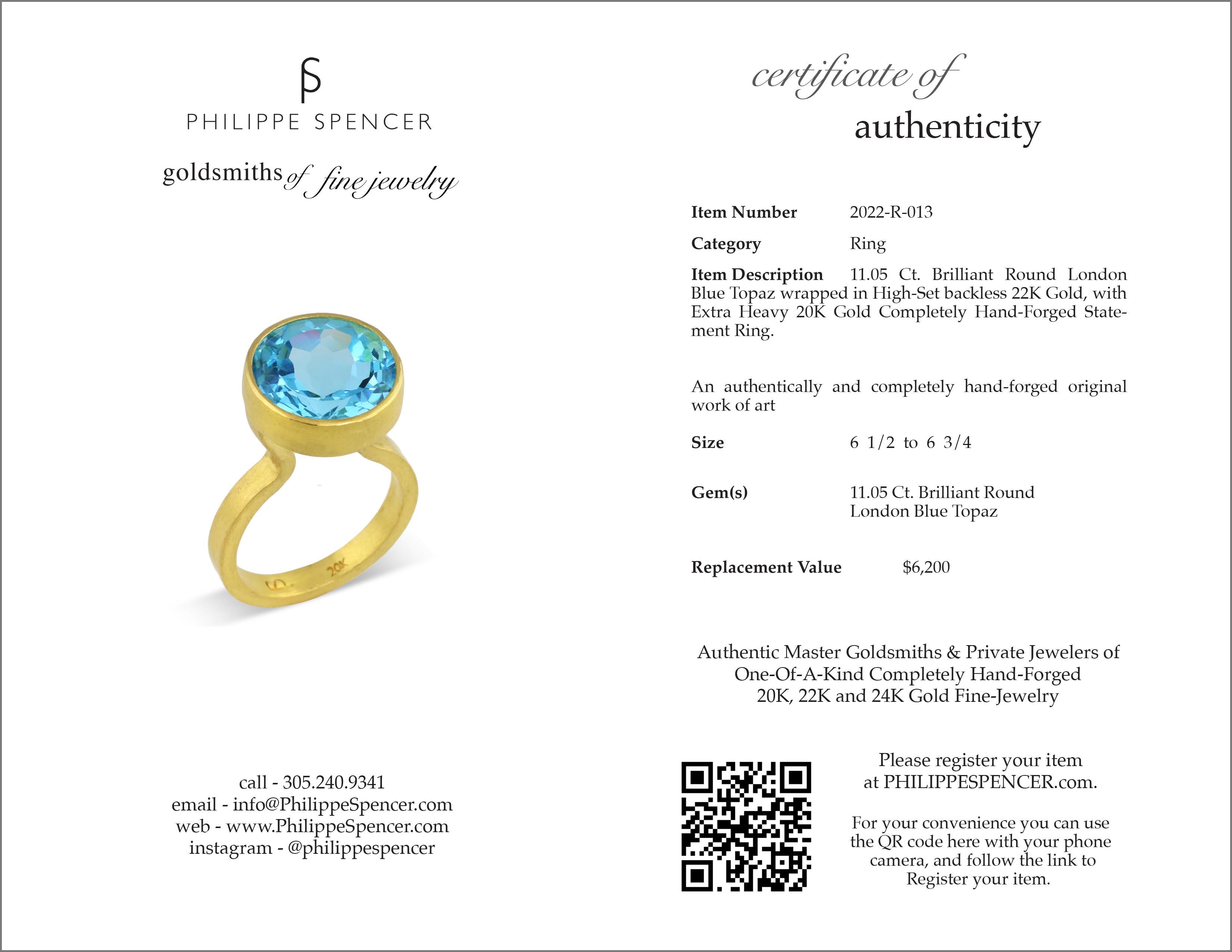 Round Cut PHILIPPE SPENCER 11.05 Ct. Blue Topaz in 22K and 20K Gold Statement Ring For Sale