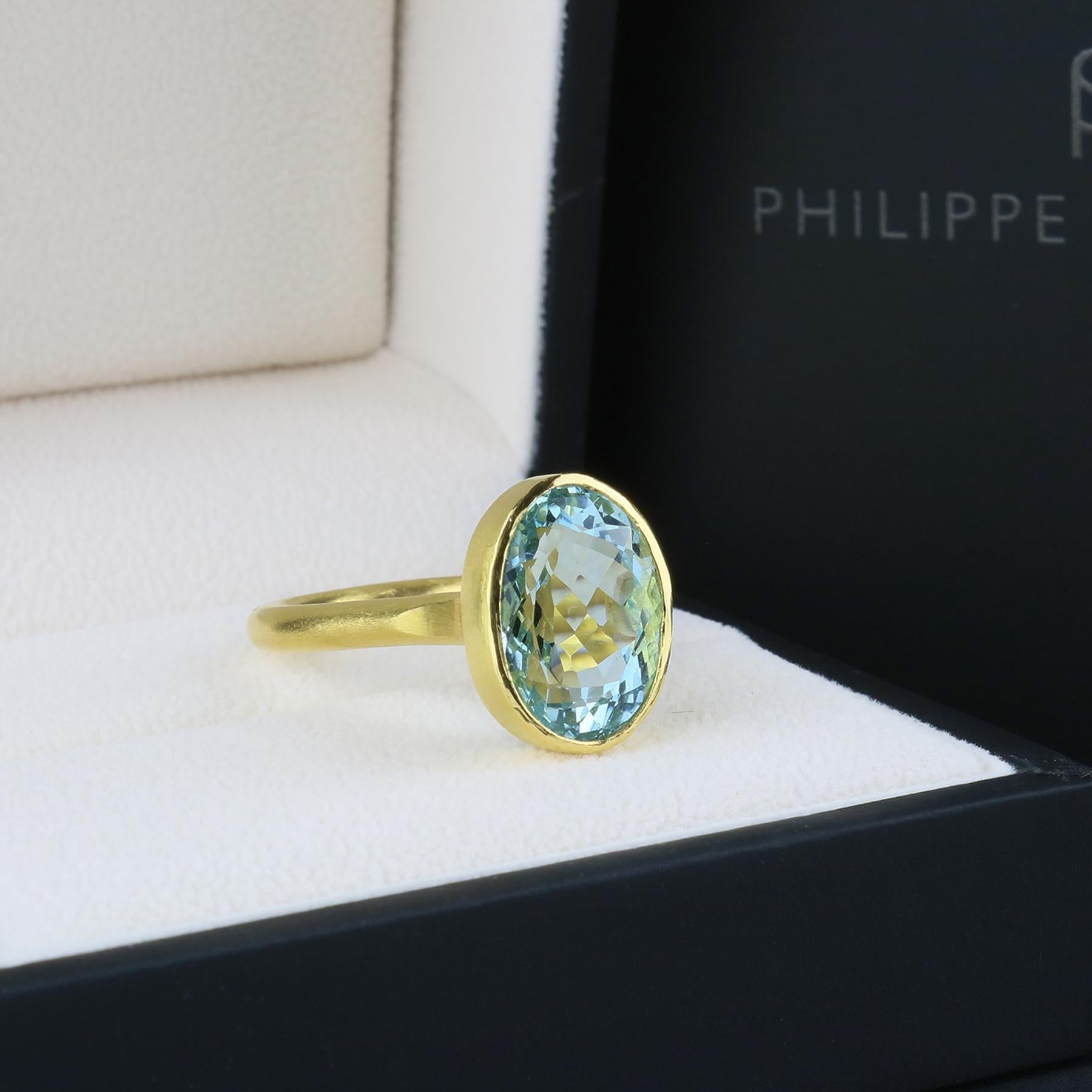 PHILIPPE SPENCER - Solid 20K Gold Completely Hand -Forged One-Of-A-Kind Absurdly High Statement Ring with 12.65 Ct. Oval Aquamarine set in backless 22K Gold Setting. Heavy Matte Brushed Finish. The size is 7 3/4 to 8, and is in-stock and ready to