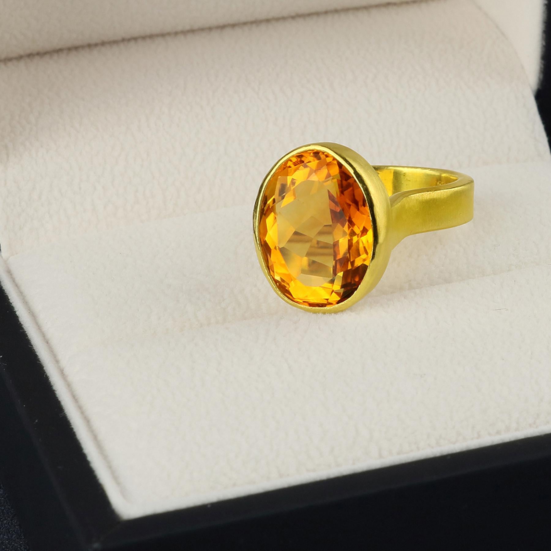 PHILIPPE SPENCER - 14.04 Ct. Faceted Oval Gold Citrine set in backless 22K Gold setting with Solid 20K Gold Hand & Anil Forged wide-band Statement Ring. Heavy Matte Brushed Exterior, Polished Interior Finish. Size 6 1/4 to 6 1/2, and is in-stock and