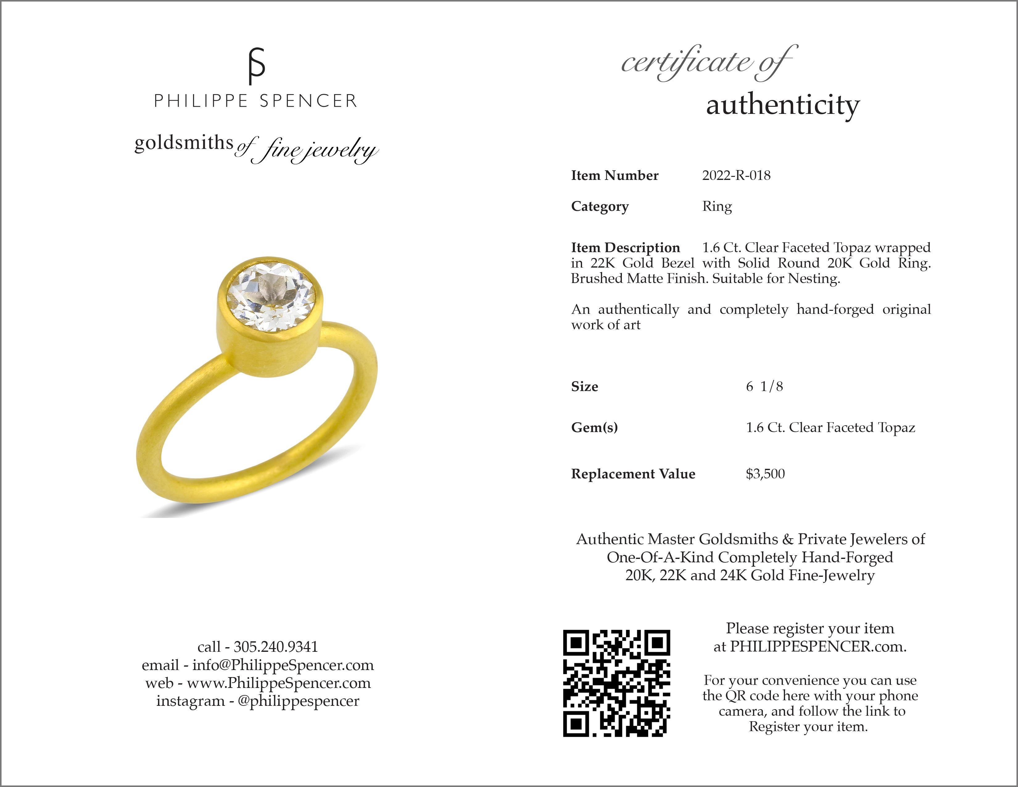 Artisan PHILIPPE SPENCER 1.6 Ct. Clear Topaz in 22K and 20K Gold Solitaire Ring For Sale