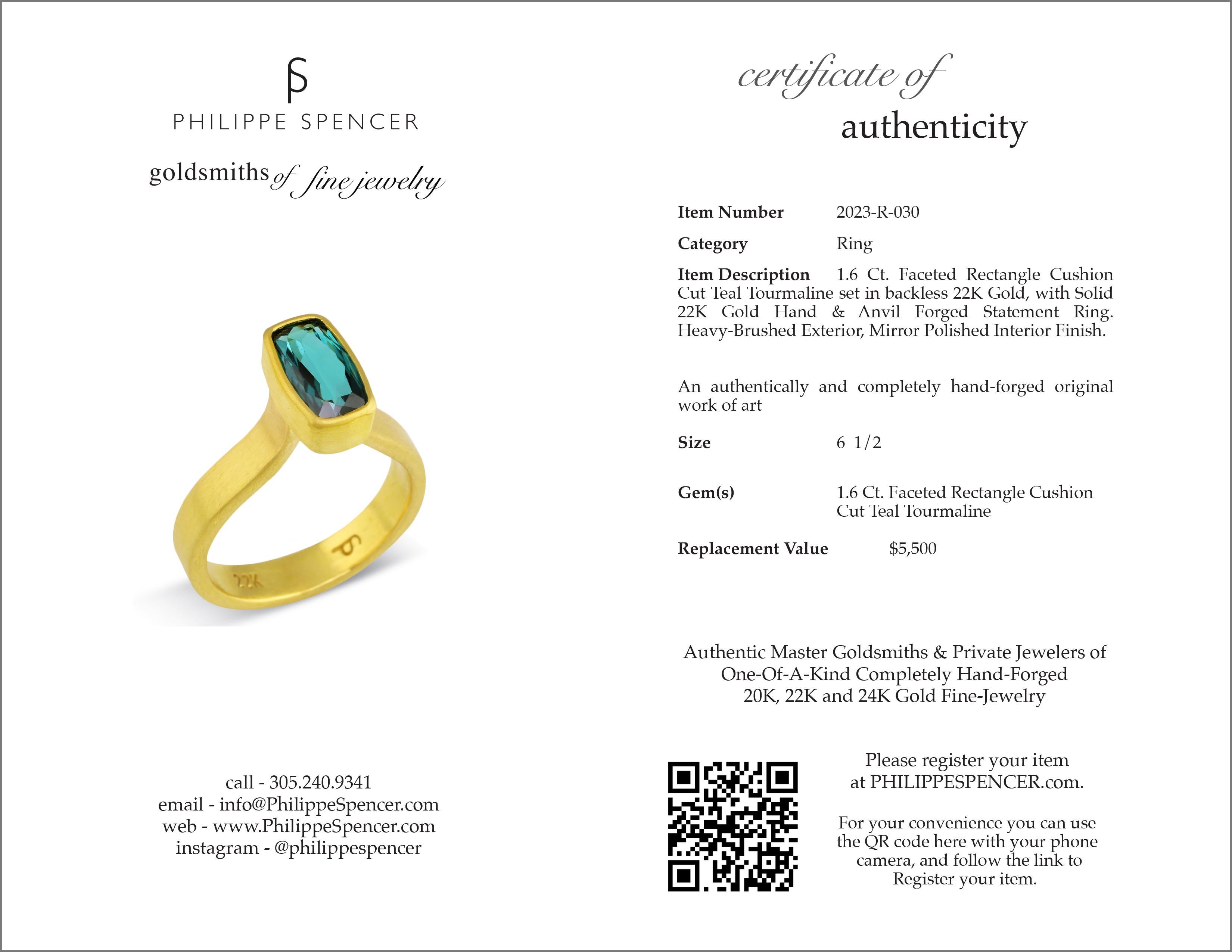 Cushion Cut PHILIPPE SPENCER 1.6 Ct. Teal Tourmaline Statement Ring in 22K Gold For Sale