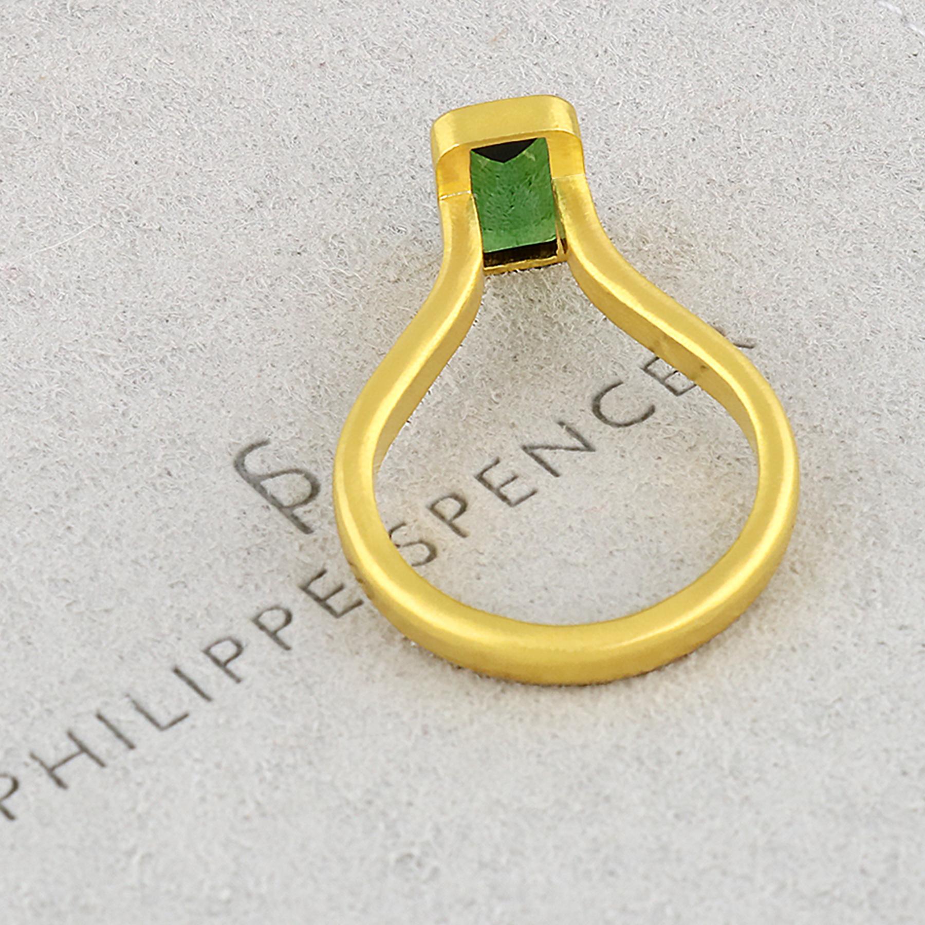 PHILIPPE SPENCER - Solid 22K Gold Completely Hand -Forged One-Of-A-Kind High-Set Statement Ring with 1.7 Ct. Extra-Fine Emerald Cut Green Tourmaline set in backless 22K Gold Setting. Heavy Matte Brushed Finish. Size 7 1/4 to 7 3/4, and is in-stock