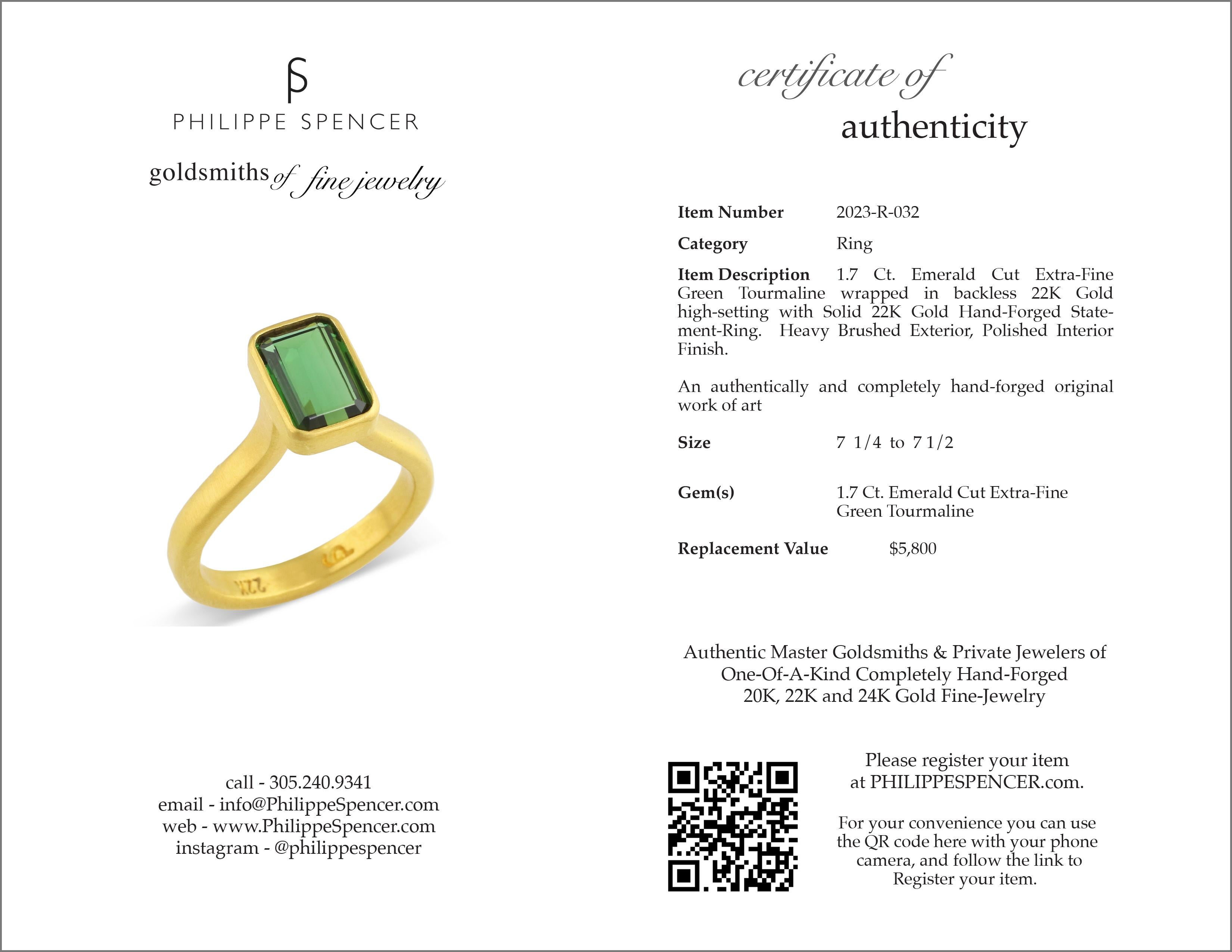 Emerald Cut PHILIPPE SPENCER 1.7 Ct. Extra-Fine Tourmaline Statement Ring in 22K Gold For Sale