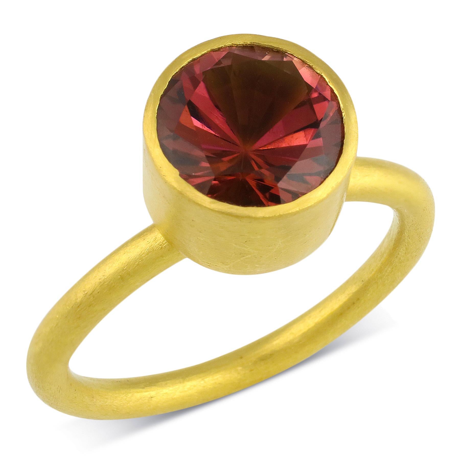 PHILIPPE-SPENCER -   1.85 Ct Dark Pink Bi-Color Tourmaline wrapped in 22K Gold Bezel with Solid Round 20K Gold Ring. Brushed Matte Finish. Size 6 1/2, and is in-stock and ready to ship. Our apologies in advance, this One-Of-A-Kind Solitaire is not