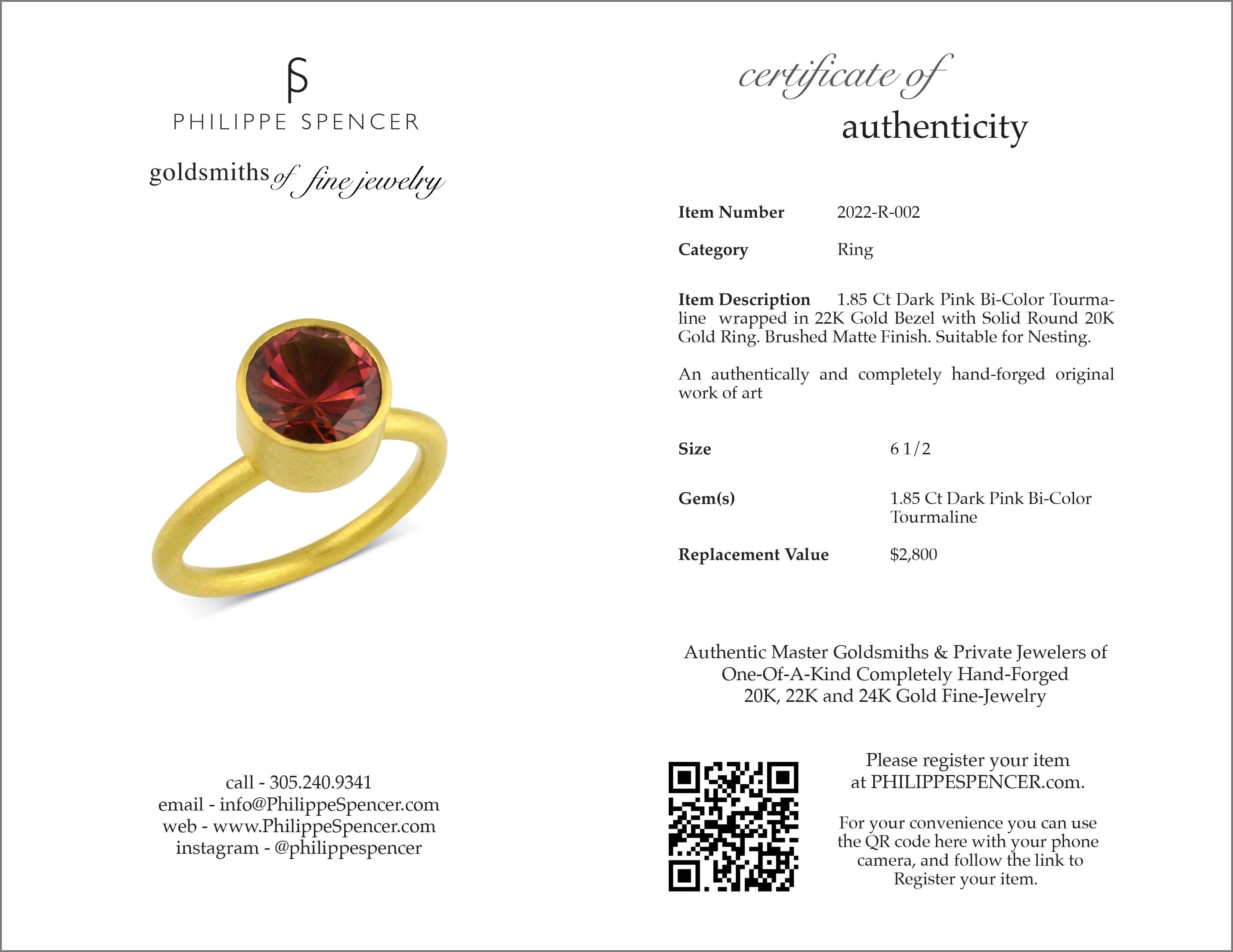 Artisan PHILIPPE SPENCER 1.85 Ct. Pink Tourmaline in 22K and 20K Gold Solitaire Ring For Sale