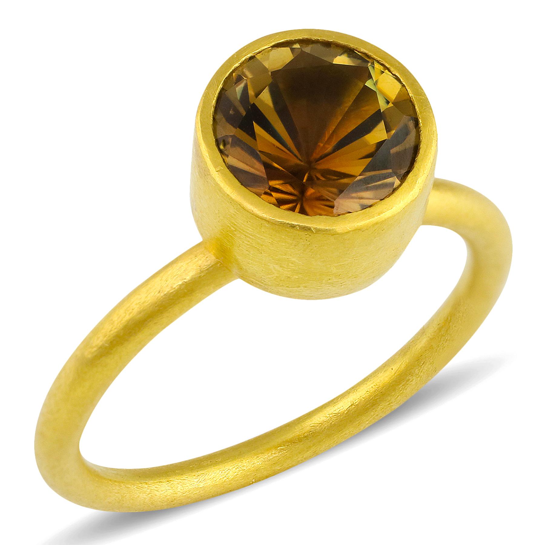 PHILIPPE-SPENCER -   1.85 ct Olive Bi-Color Tourmaline wrapped in 22K Gold Bezel with Solid Round 20K Gold Ring. Brushed Matte Finish. Size 7, and is in-stock and ready to ship. Our apologies in advance, this One-Of-A-Kind Solitaire is not