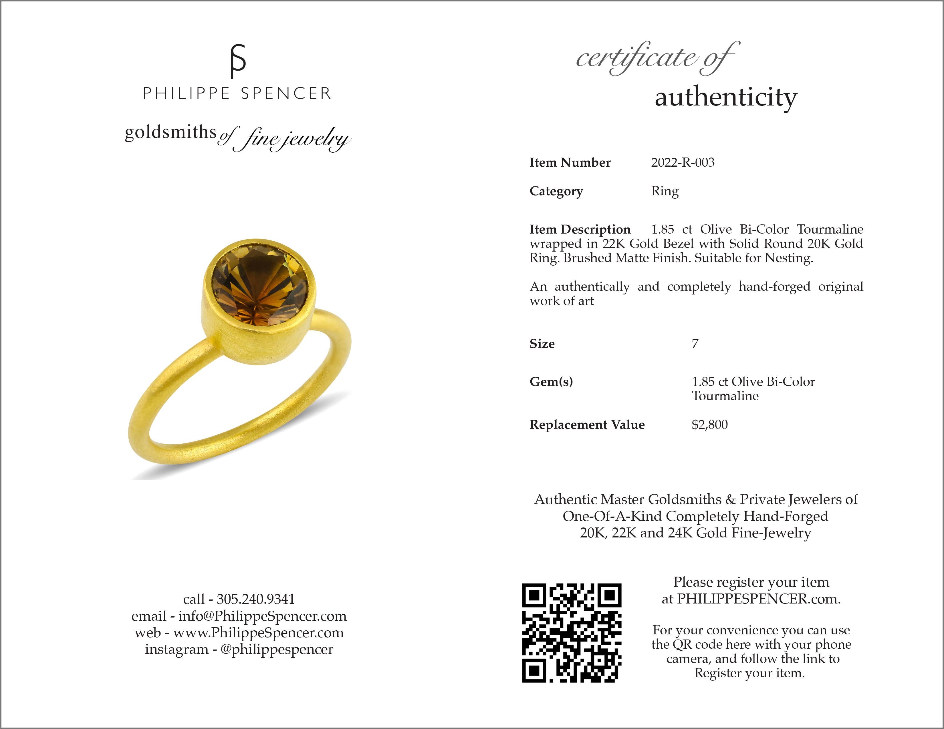 Artisan PHILIPPE SPENCER 1.85 Ct. Tourmaline in 22K and 20K Gold Solitaire Ring For Sale