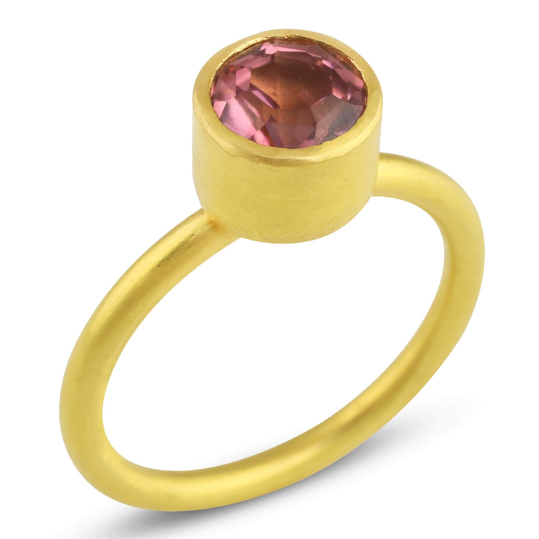 PHILIPPE SPENCER - 1.85 Ct. Bright Pink Tourmaline wrapped in Pure 22K Gold Bezel with 20K Gold Round Matted Ring. Brushed Finish. Suitable for nesting. Size 6 3/4, and is in-stock and ready to ship. Our apologies in advance, this One-Of-A-Kind